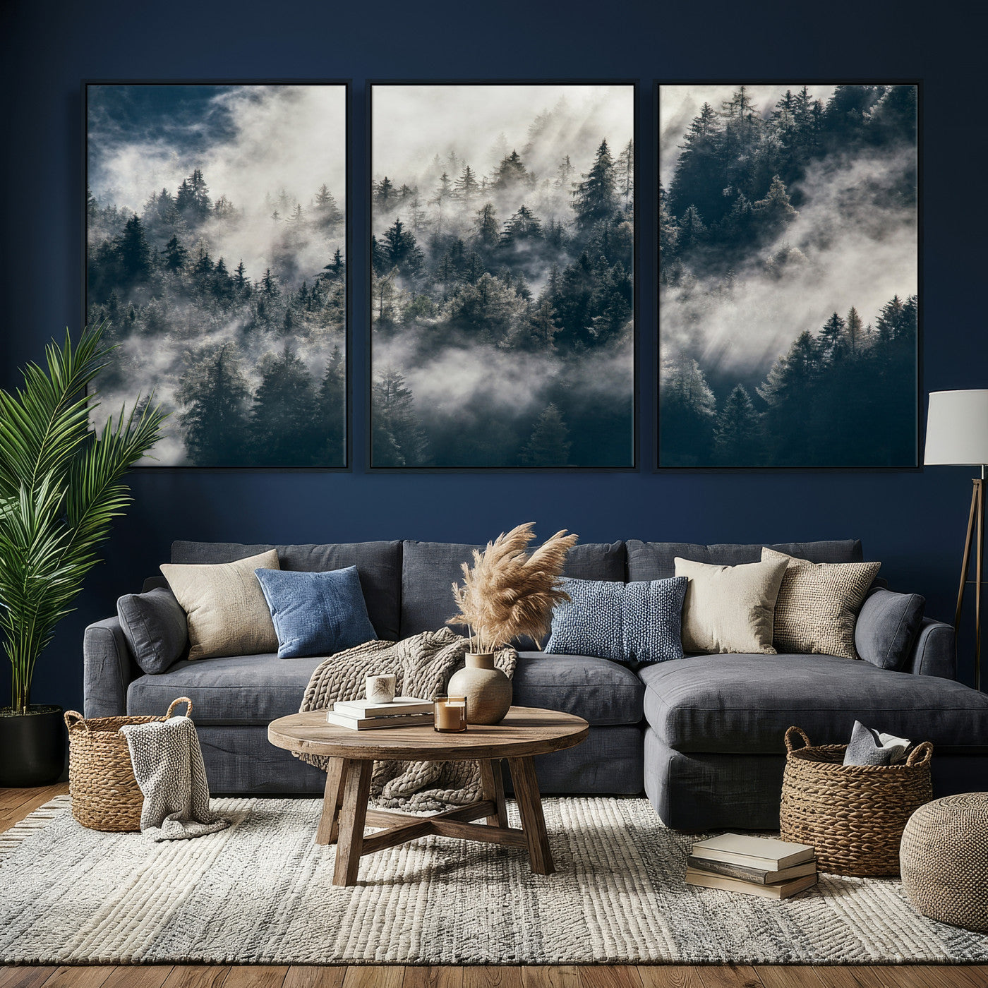 63405824-MGV-CV-36X24 - Foggy Mountain Forest Canvas Print, Misty Pine Trees Nature Wall Art, Framed Canvas Ready to Hang