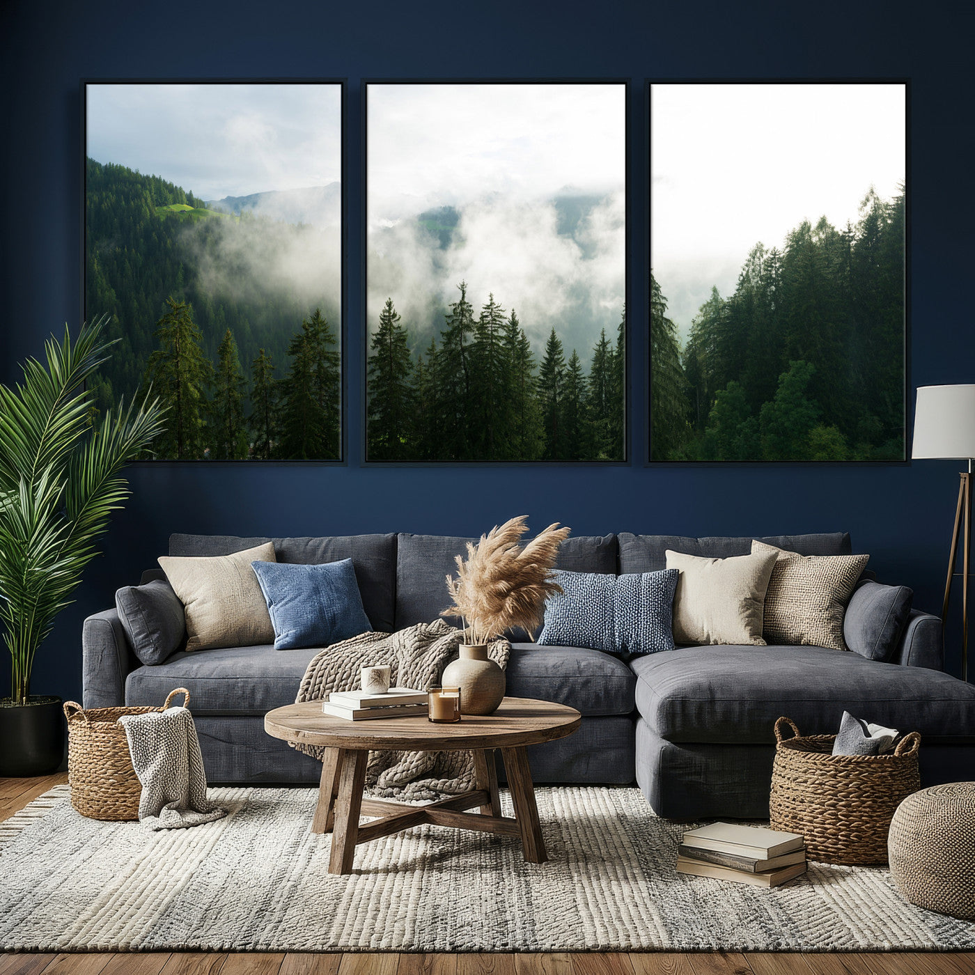 67174129-MGV-CV-36X24 - Misty Mountain Forest Canvas Print, Foggy Pine Trees Nature Wall Art, Framed Canvas Ready to Hang