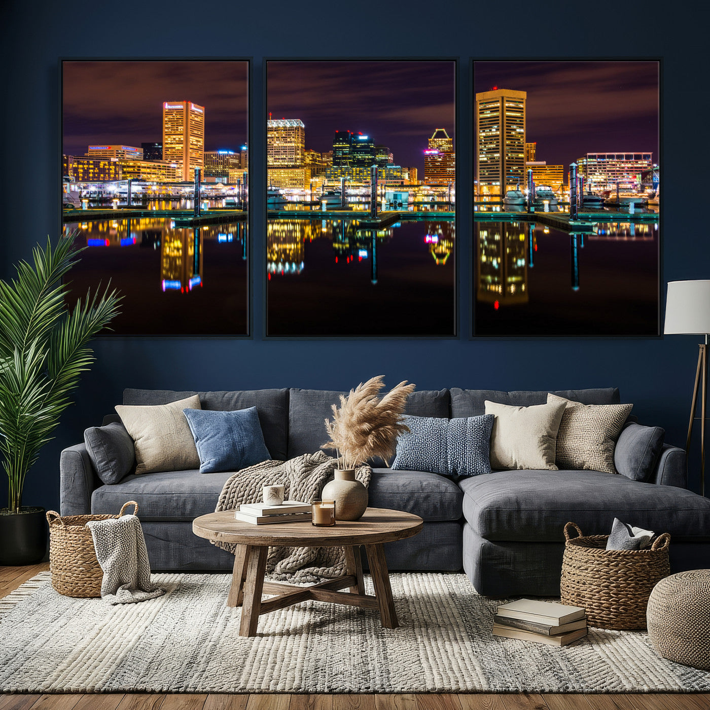 38201692-MGV-CV-36X24 - Baltimore Skyline Wall Art Canvas Print, Baltimore Downtown Night Cityscape Print for Modern Urban Wall Decor