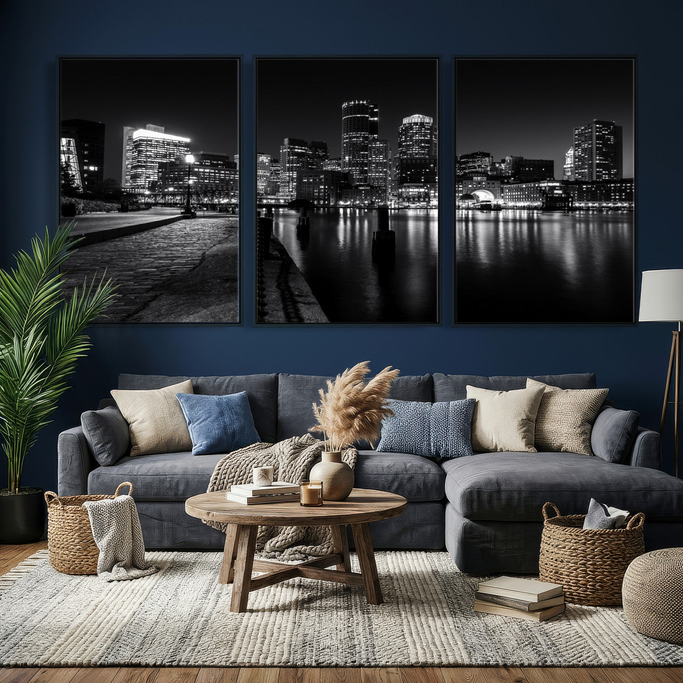 53082656-MGV-CV-36X24 - Boston Wall Art Canvas Print, Boston City Downtown Night Cityscape Print for Modern Urban Wall Decor