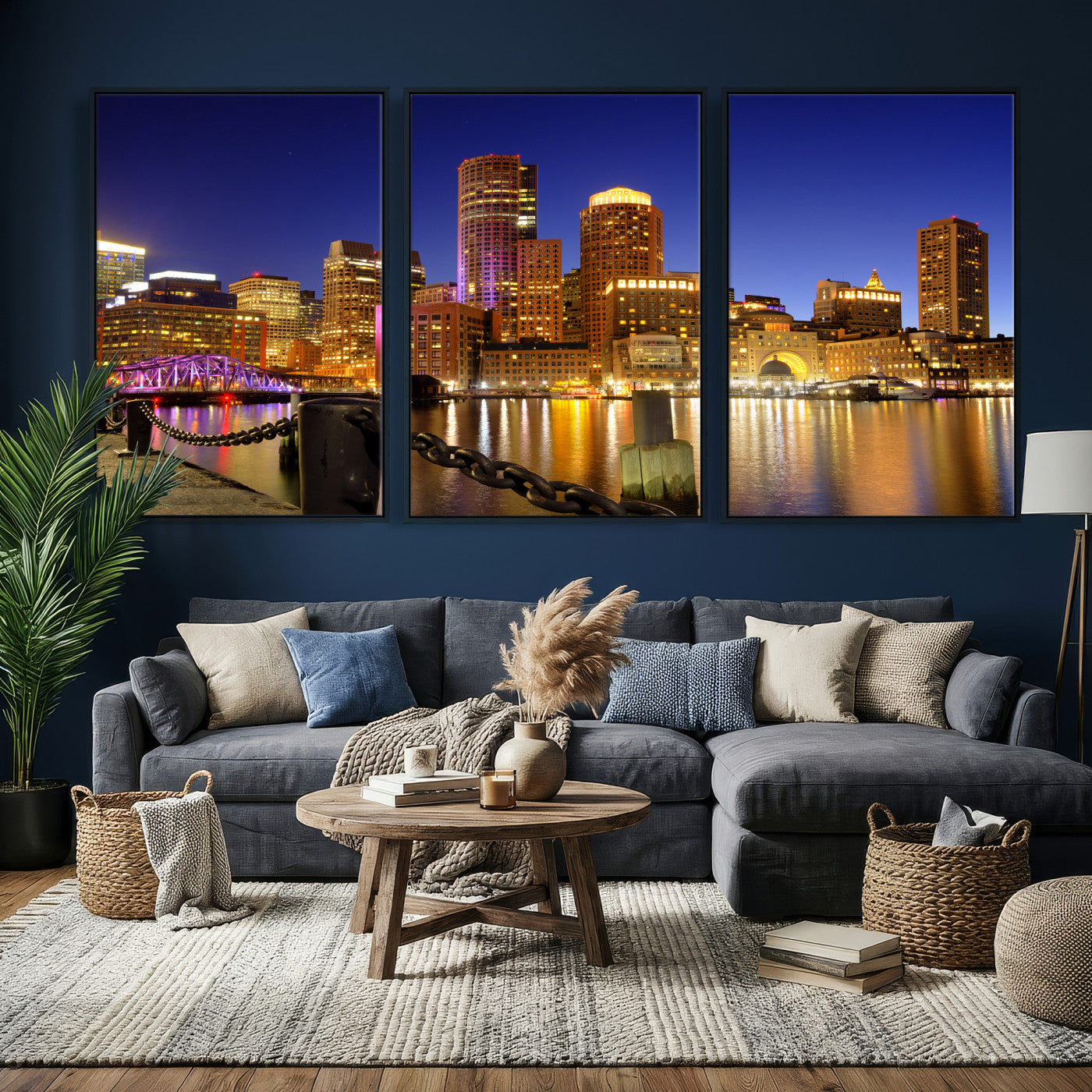 56611117-MGV-CV-36X24 - Boston Wall Art Canvas Print, Boston City Downtown Night Cityscape Print for Modern Urban Wall Decor