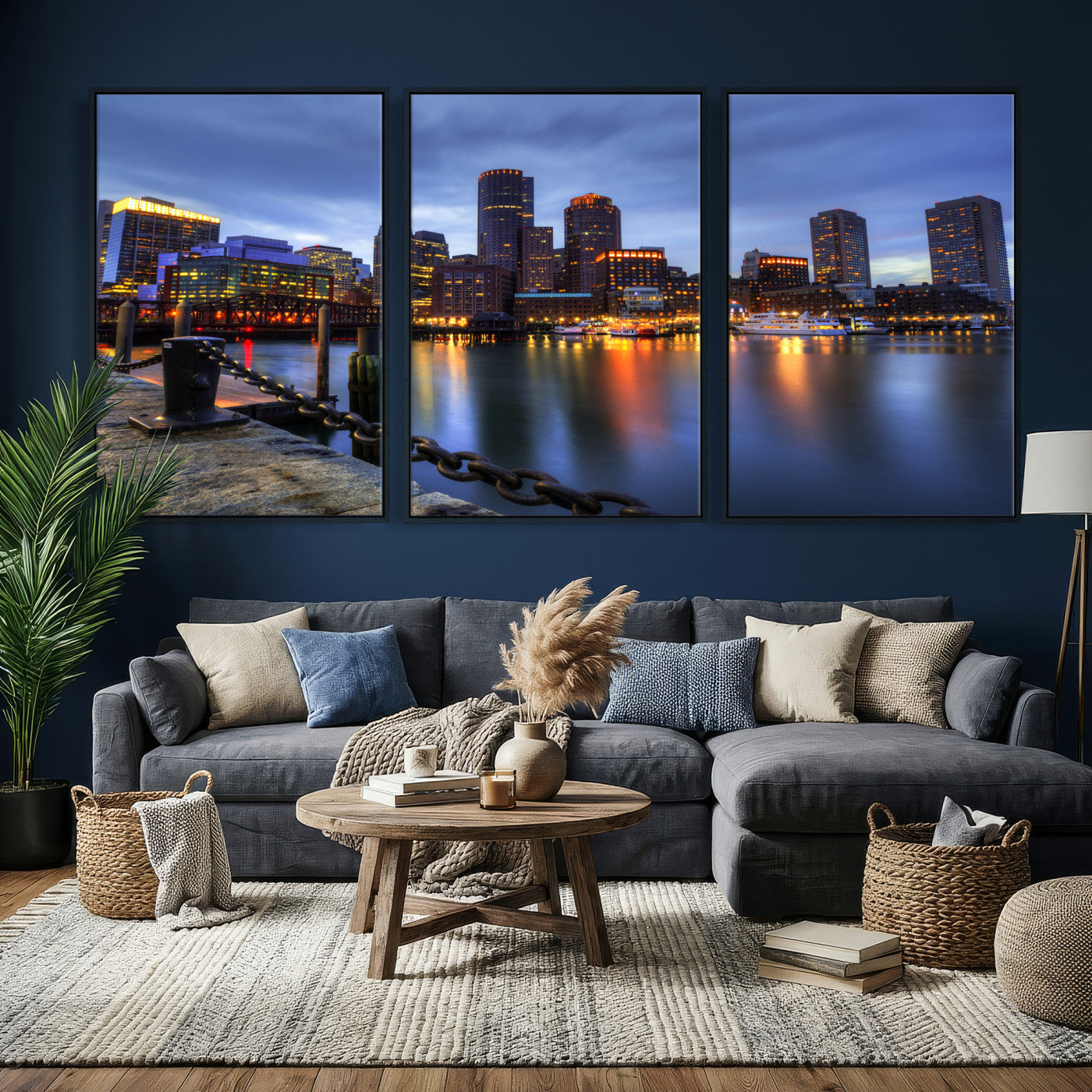 82439622-MGV-CV-36X24 - Boston Wall Art Canvas Print, Boston City Downtown Night Cityscape Print for Modern Urban Wall Decor