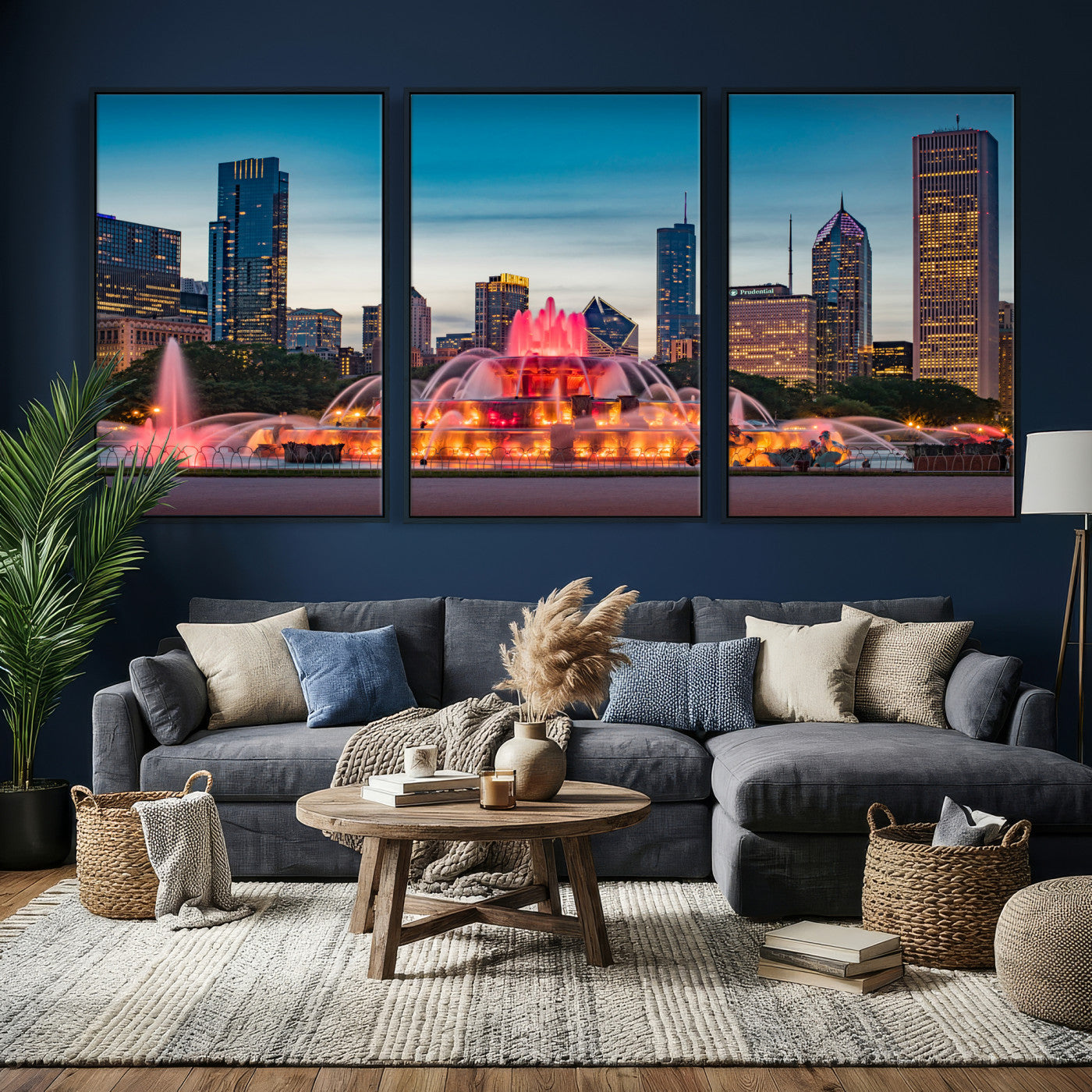 46805285-MGV-CV-36X24 - Chicago Wall Art Canvas Print, Chicago City Downtown Night Cityscape Print for Modern Urban Wall Decor