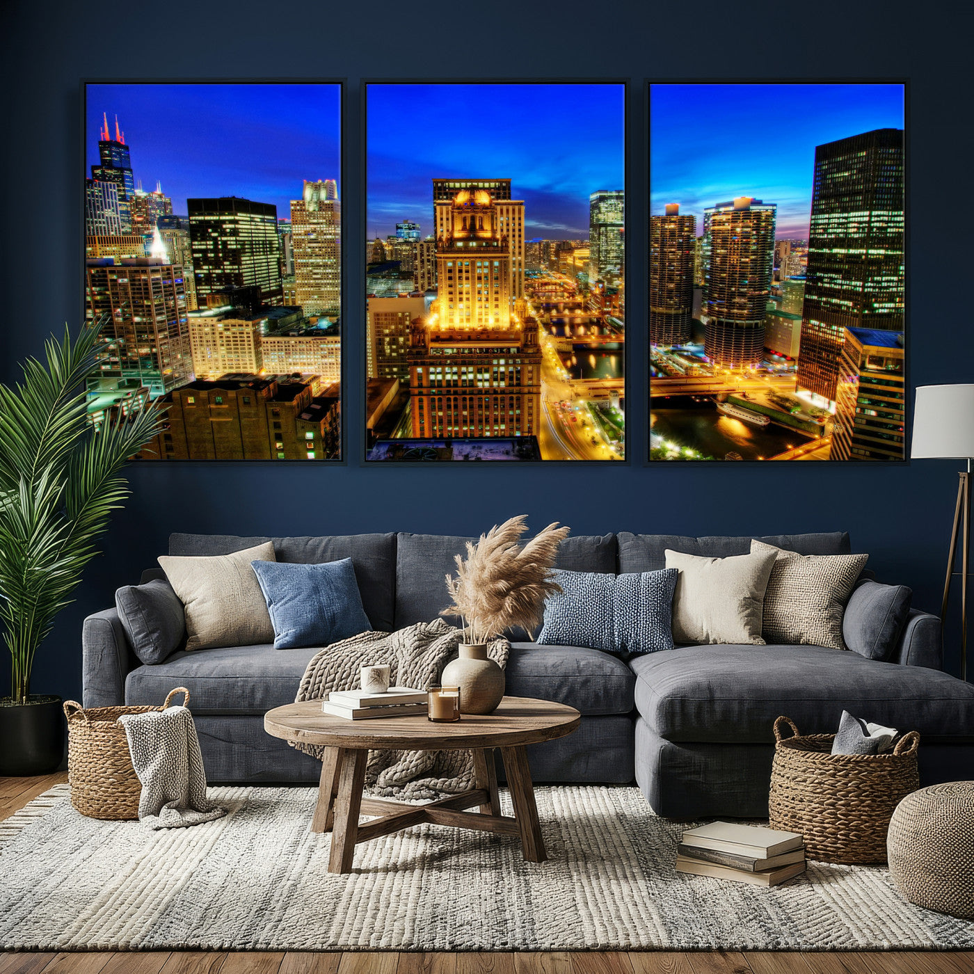 46298885-MGV-CV-36X24 - Chicago Wall Art Canvas Print, Chicago City Downtown Night Cityscape Print for Modern Urban Wall Decor