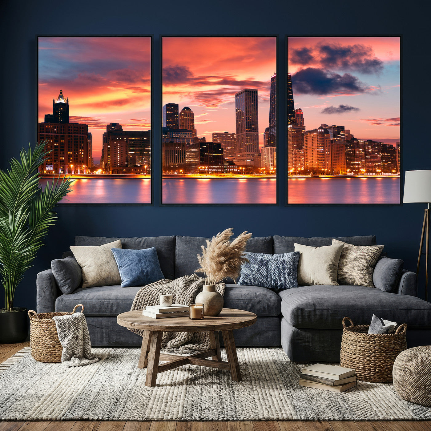 80390109-MGV-CV-36X24 - Chicago Wall Art Canvas Print, Chicago City Downtown Night Cityscape Print for Modern Urban Wall Decor