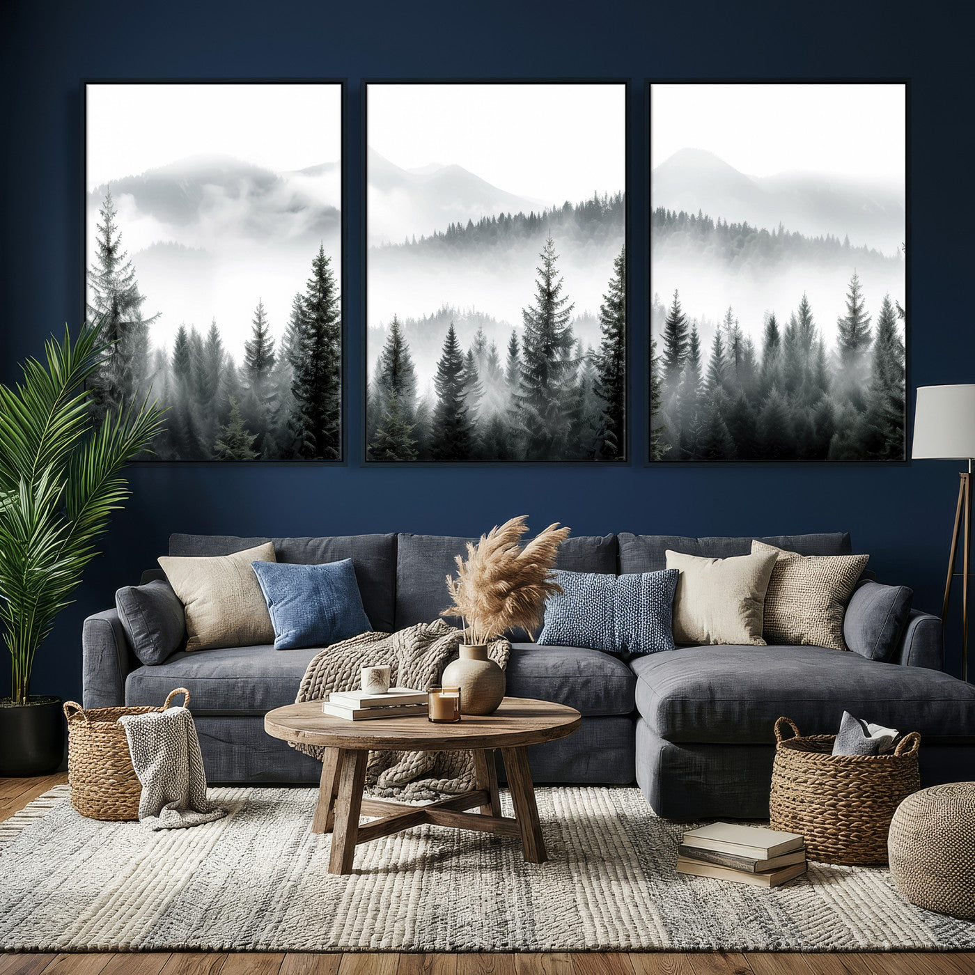 38819032-MGV-CV-36X24 - Misty Pine Forest Mountain Landscape Wall Art Canvas Print, Foggy Evergreen Trees Minimal Nature Canvas Print, Monochrome Wilderness Scenic Art Printing