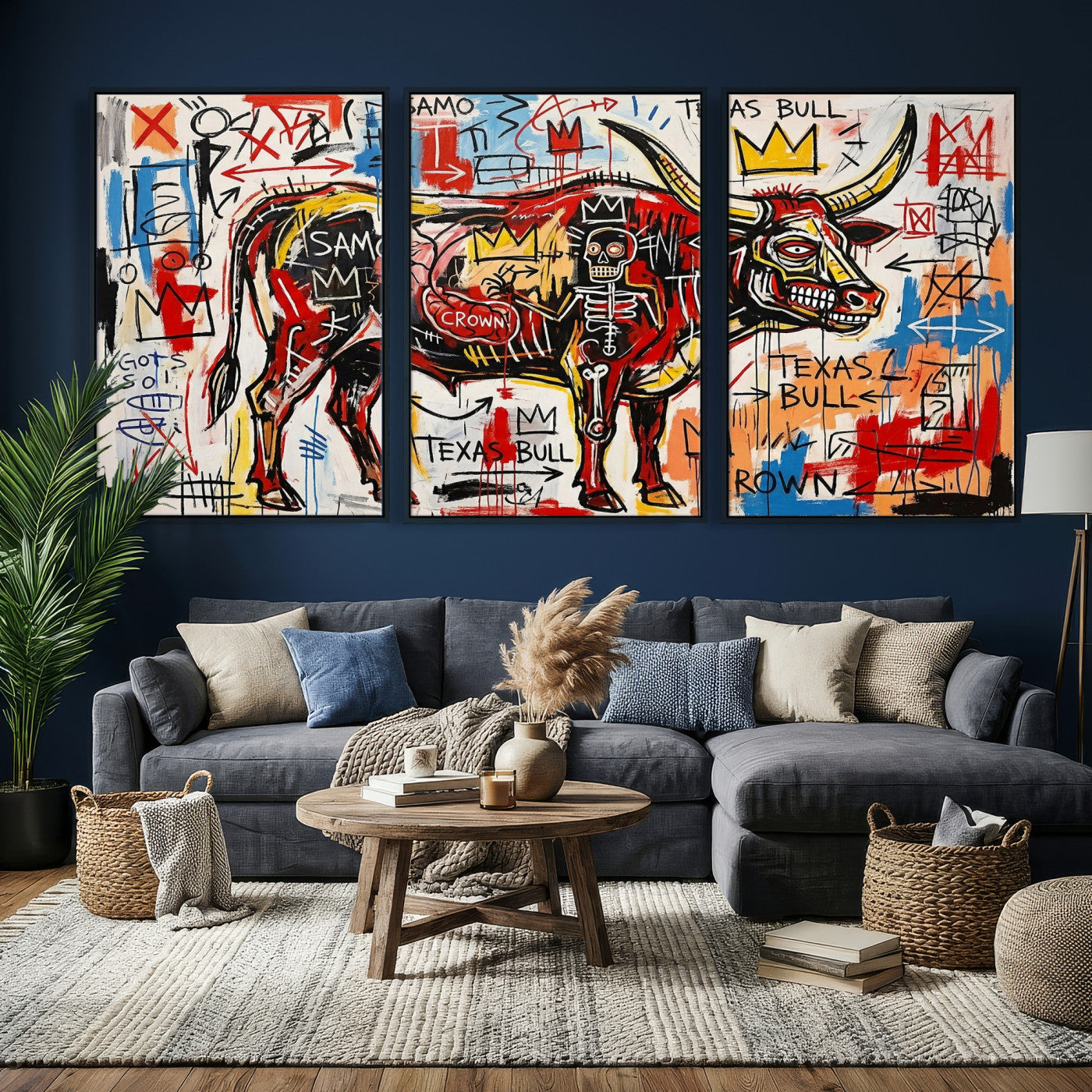 89504579-MGV-CV-36X24 - TITLE: Texas Bull Wall Art Canvas Print, Abstract Graffiti Bull Painting, Western Animal Art, Modern Ranch Decor