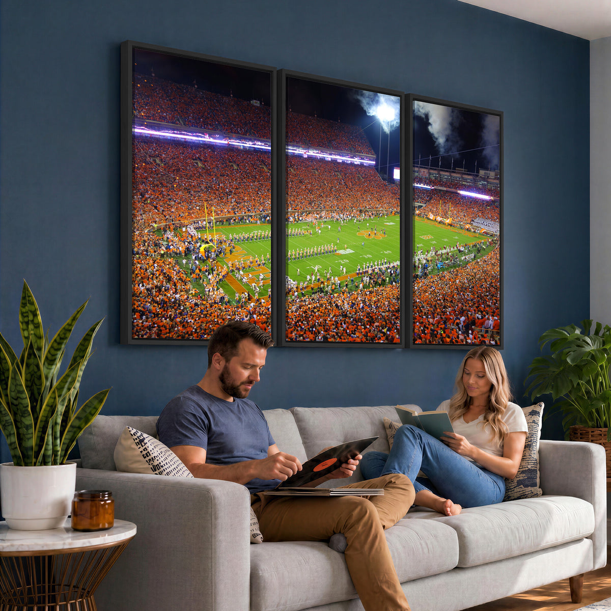 43662631-MGV-CV-36X24 - Clemson Football Stadium Wall Art Canvas Print, College Football Crowd Night Game Scene, Orange Stadium Panorama Wall Decor