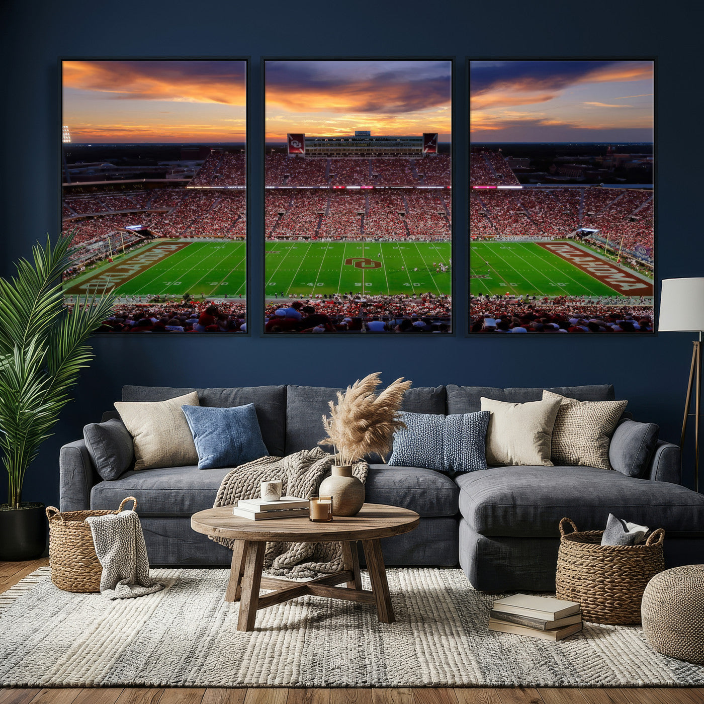 51457497-MGV-CV-36X24 - Oklahoma Sooners Stadium Wall Art Canvas Print, College Football Sunset Game Scene, OU Football Field Panorama Wall Decor
