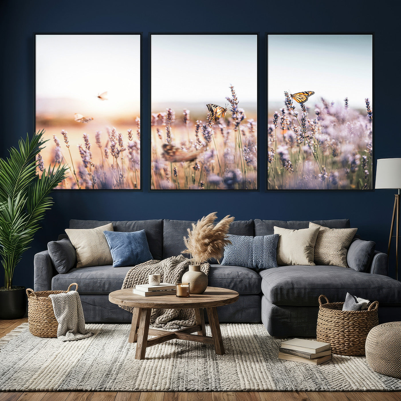 46417478-MGV-CV-36X24 - Lavender Field Wall Art Canvas Print, Butterfly Floral Landscape Art, Soft Nature Wall Decor for Bedroom