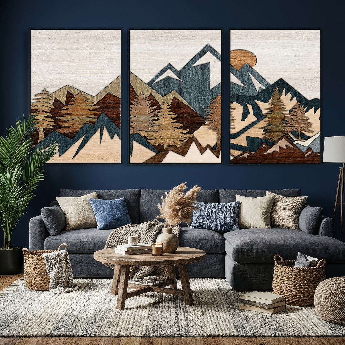 61833055-MGV-CV-36X24 - Mountain Forest Wall Art Canvas Print, Layered Wood Landscape Artwork, Rustic Nature Wall Decor for Living Room