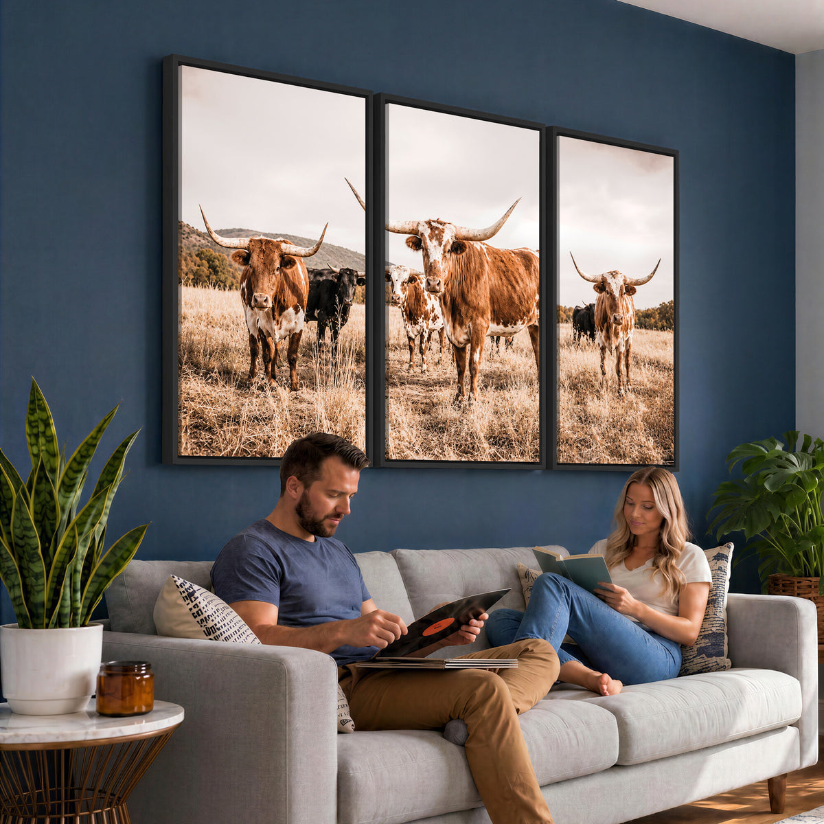 27539727-MGV-CV-36X24 - Texas Longhorn Cattle Wall Art Canvas Print, Sepia Western Decor
