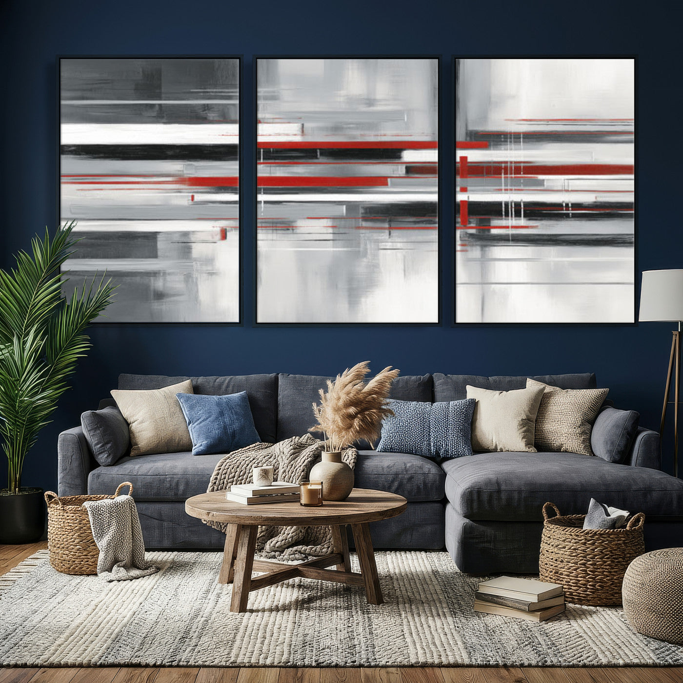 62640681-MGV-CV-36X24 - Gray Red Abstract Wall Art Canvas Print, Modern Abstract Canvas Wall Decor for Contemporary Living Room and Office