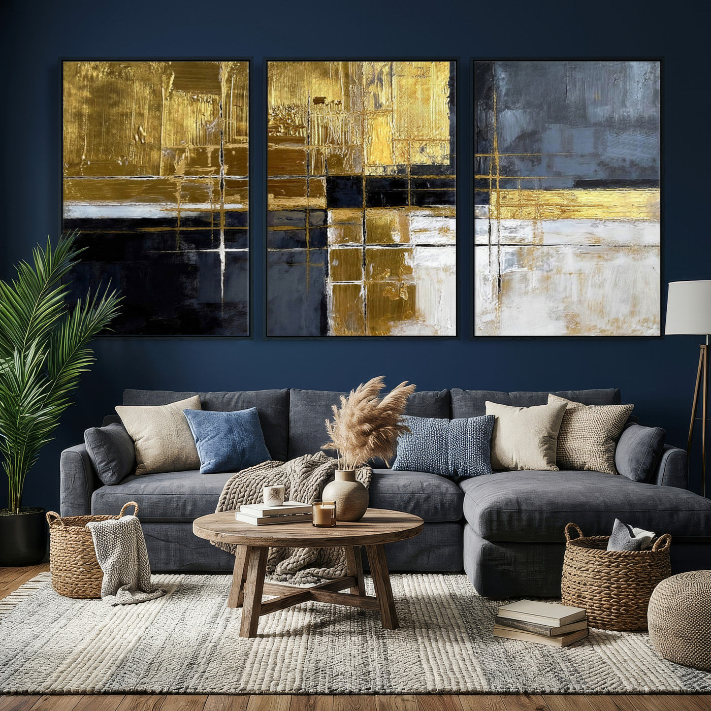 76917030-MGV-CV-36X24 - Gold Navy Abstract Wall Art Canvas Print, Modern Luxury Geometric Painting Wall Decor for Living Room and Office