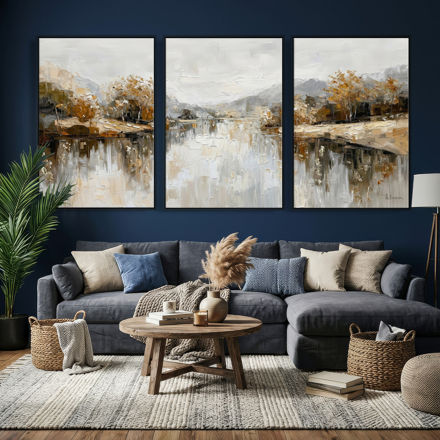 78227690-MGV-CV-36X24 - Neutral Abstract Lake Landscape Wall Art Canvas Print, Modern Minimal River Reflection Canvas Print, Beige Gray Contemporary Nature Art Printing