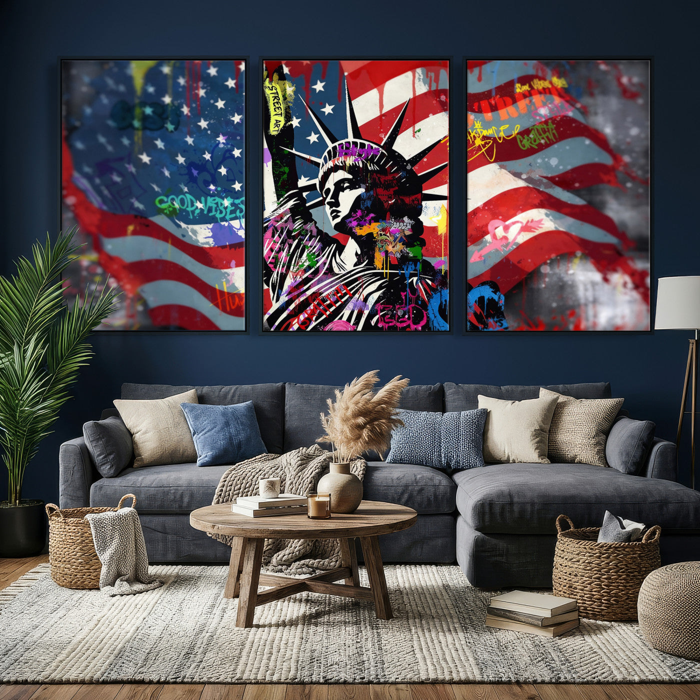 32151941-MGV-CV-36X24 - USA Statue of Liberty Graffiti Street Art Wall Art Canvas Print, American Flag Urban Pop Art Canvas Print, Modern Patriotic Street Art Contemporary Art Printing