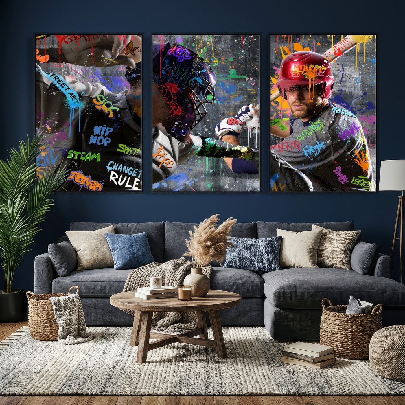 19634994-MGV-CV-36X24 - Graffiti Baseball Player Street Art Wall Art Canvas Print, Urban Sports Pop Art Baseball Canvas Print, Modern Athletic Graffiti Contemporary Art Printing