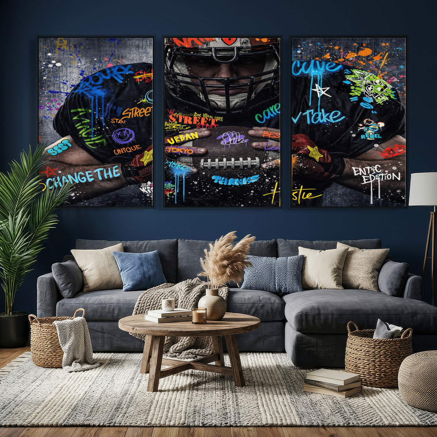 55267256-MGV-CV-36X24 - Graffiti American Football Player Street Art Wall Art Canvas Print, Urban Sports Pop Art Football Canvas Print, Modern Athletic Graffiti Contemporary Art Printing