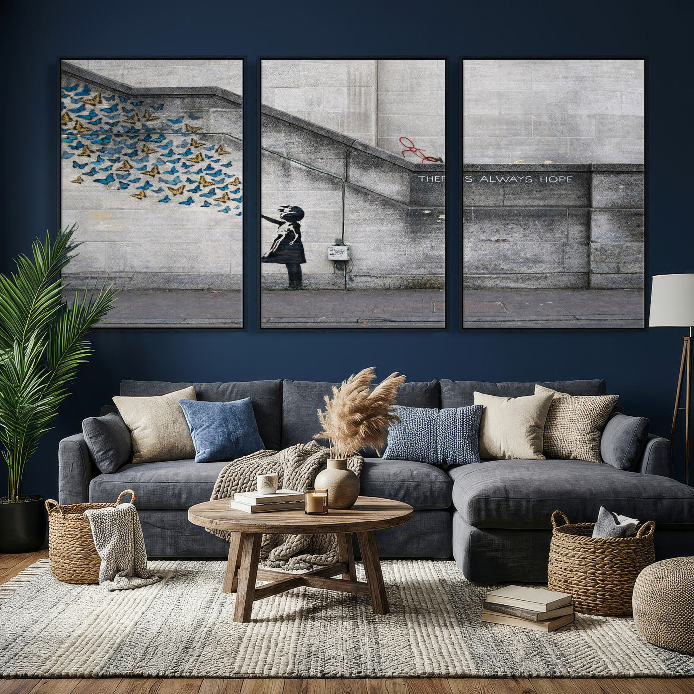 15274223-MGV-CV-36X24 - Banksy Girl with Butterflies Street Art Wall Art Canvas Print, Hope Graffiti Urban Art Canvas Print, Minimalist Inspirational Street Art Contemporary Art Printing