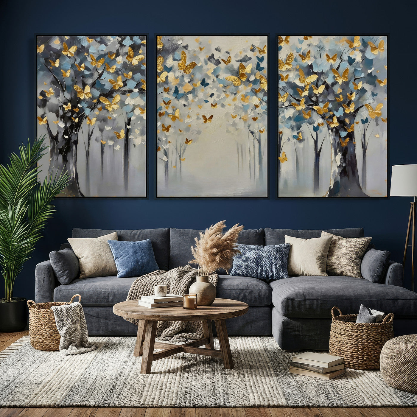 79208191-MGV-CV-36X24 - Golden Butterfly Tree Abstract Wall Art Canvas Print, Modern Elegant Nature Painting Canvas Print, Blue Gold Contemporary Floral Art Printing