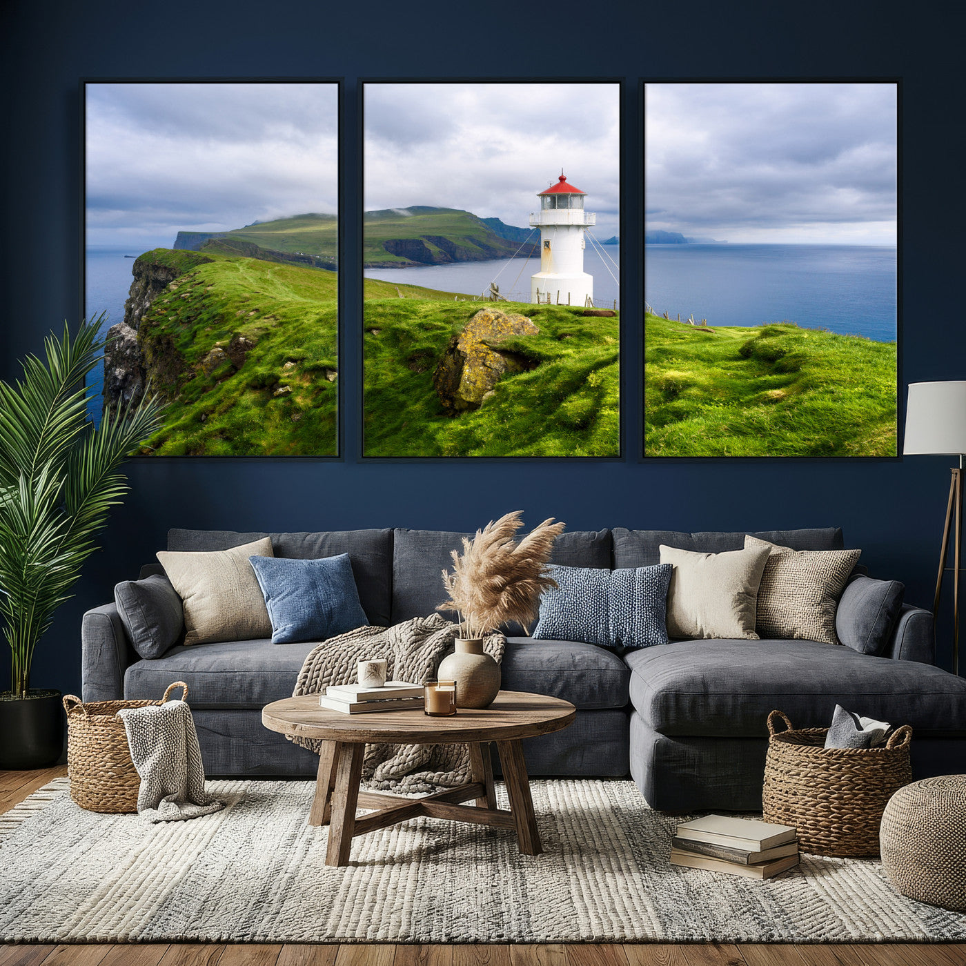 10680390-MGV-CV-36X24 - Coastal Lighthouse Wall Art Canvas Print, Cliffside Ocean Landscape Canvas Print, Scandinavian Coastal Decor for Living Room