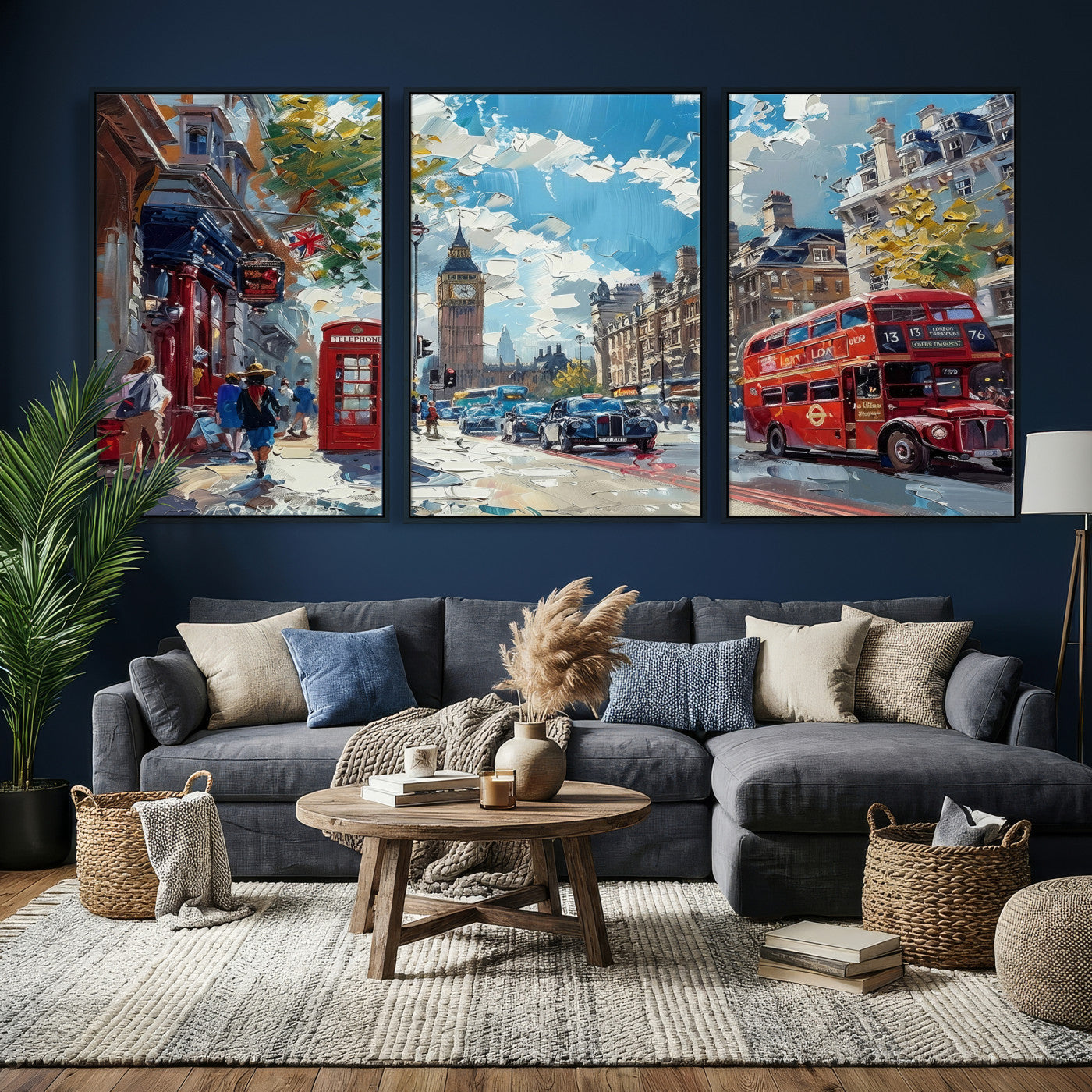 17630888-MGV-CV-36X24 - Modern London City Street Wall Art Canvas Print, Big Ben & Red Bus Artwork Canvas Print
