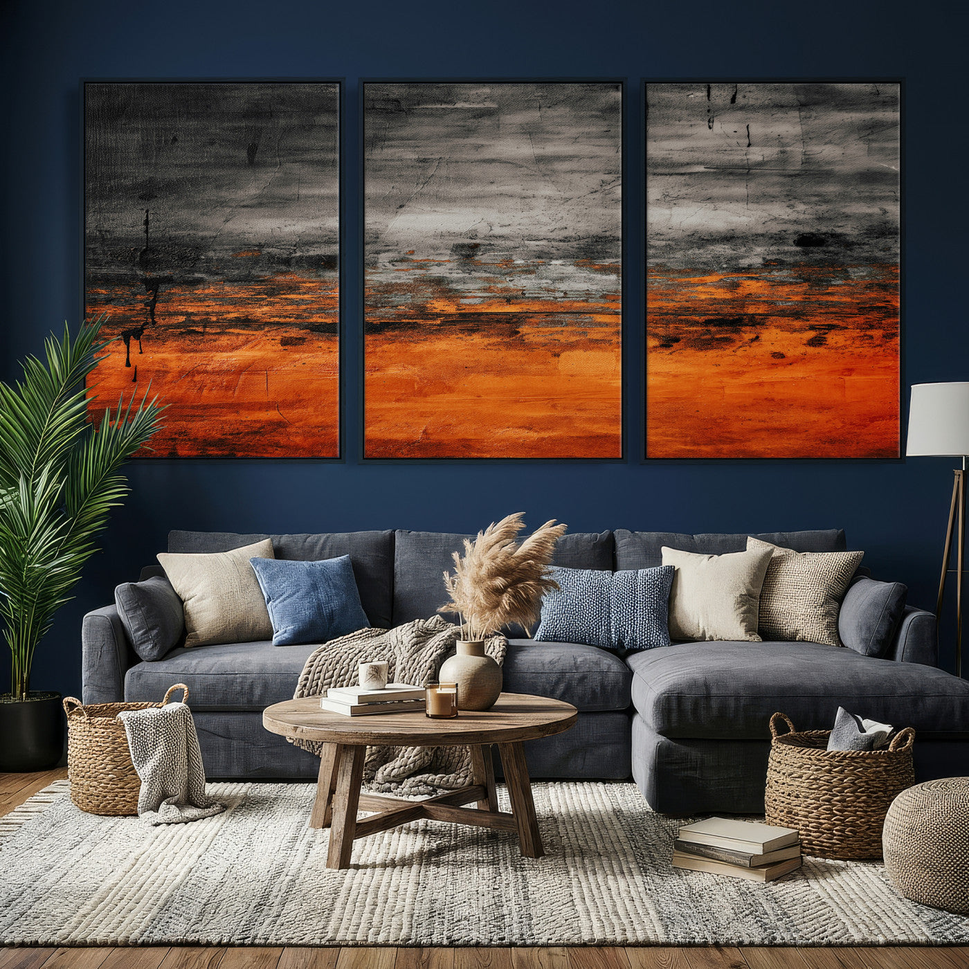 75409282-MGV-CV-36X24 - Black Orange Abstract Wall Art Canvas Print Modern Textured Painting Decor