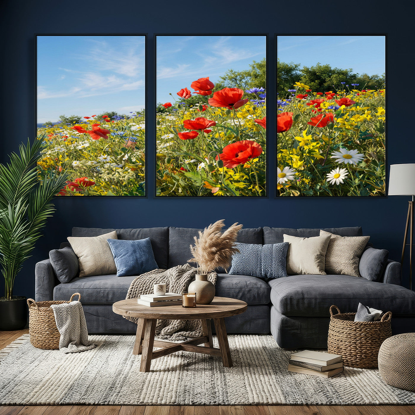 38570784-MGV-CV-36X24 - Wildflower Meadow Wall Art Canvas Print – Colorful Poppy and Daisy Field Landscape Artwork for Living Room Decor