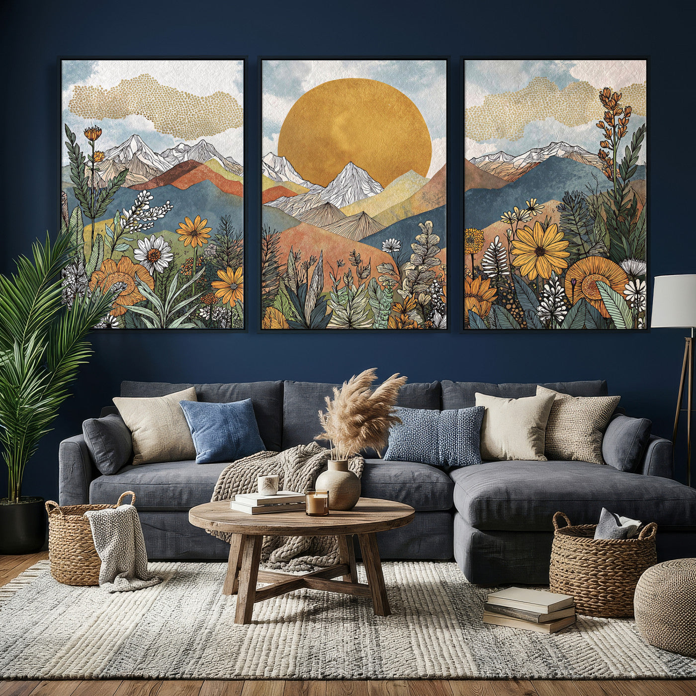17540863-MGV-CV-36X24 - Boho Mountain Landscape Large Wall Art, Horizontal Gold Framed Canvas Print with Sun and Flowers