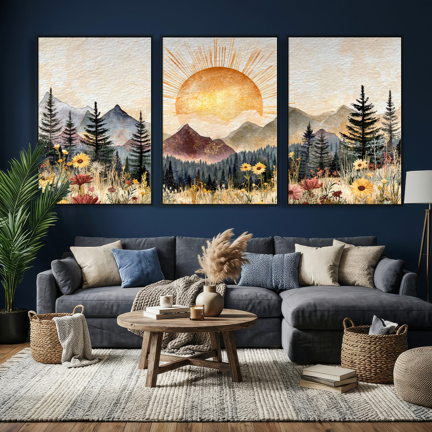 69025244-MGV-CV-36X24 - Boho Mountain Landscape Large Wall Art, Horizontal Gold Framed Canvas Print with Sun and Flowers