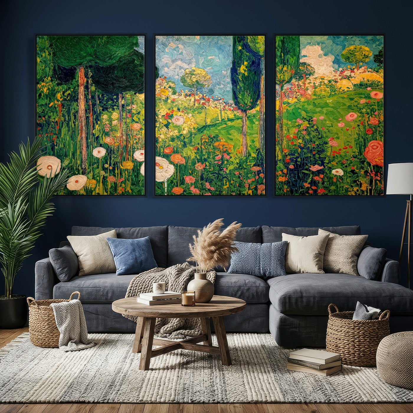 83517974-MGV-CV-36X24 - Gustav Klimt Boho Mountain Landscape Large Wall Art, Horizontal Gold Framed Canvas Print with Sun and Flowers