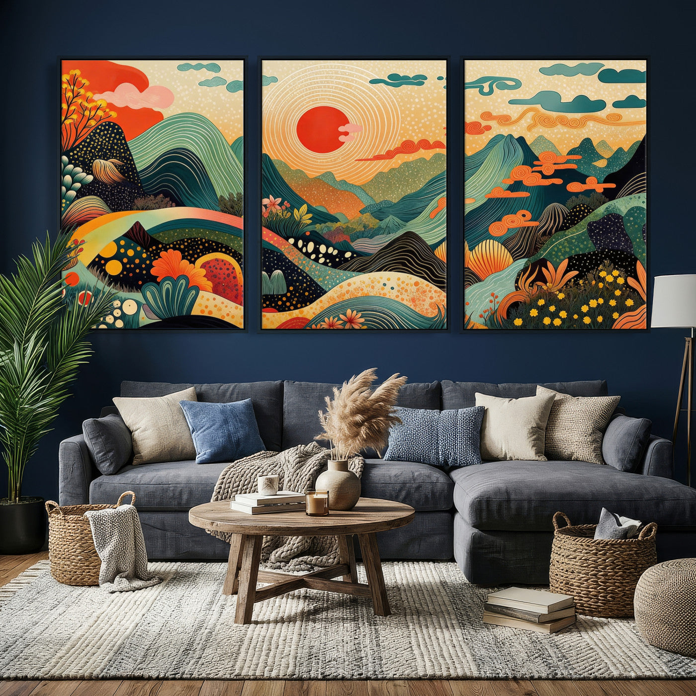 29927191-MGV-CV-36X24 - Yayoi Kusama Boho Mountain Landscape Large Wall Art, Horizontal Gold Framed Canvas Print with Sun and Flowers