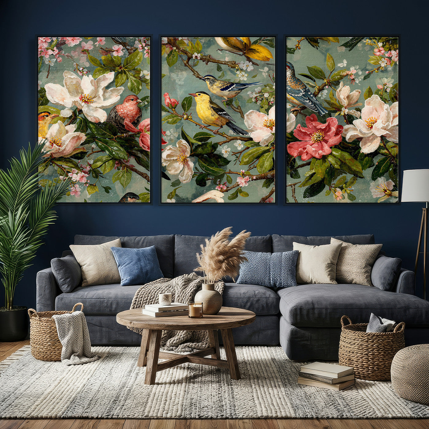 77883606-MGV-CV-36X24 - Vintage Birds and Flowers Wide Wall Art: Extra Large Panoramic Botanical Print