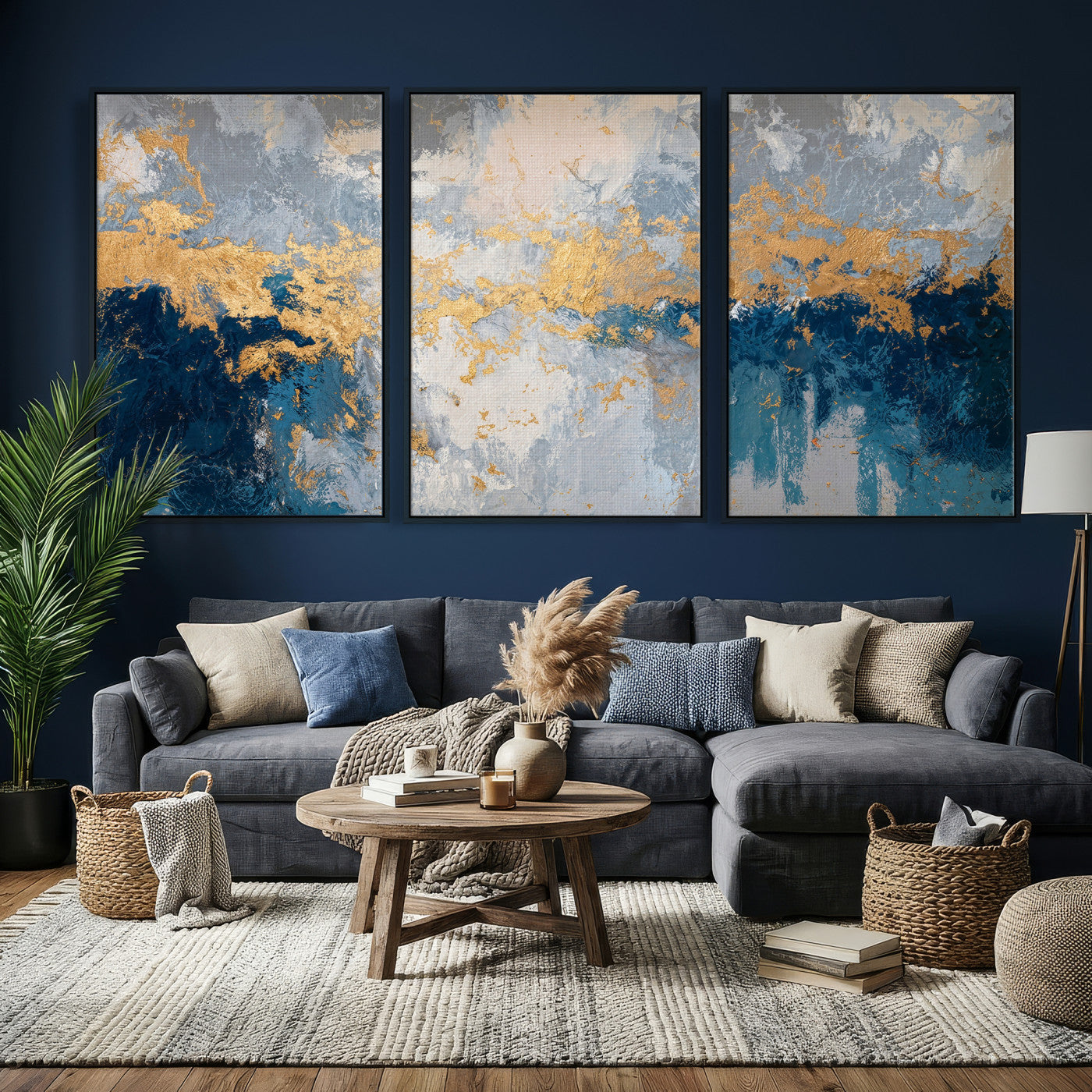 65386119-MGV-CV-36X24 - Blue Gold Abstract Large Framed Canvas Wall Art, Modern Luxury Painting Print in Horizontal Oversized Minimal Wall Decor Artwork