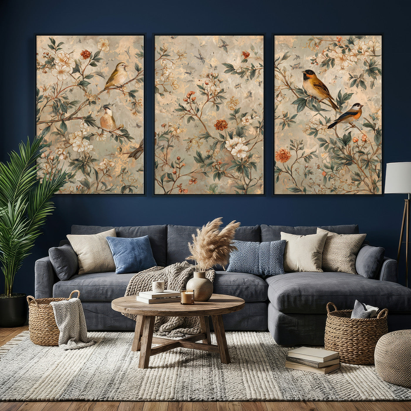 76588438-MGV-CV-36X24 - Vintage Birds and Flowers Wall Art Canvas Print, Botanical Bird Painting Canvas Print, Floral Garden Bird Artwork Canvas Print, Classic Bird Flower Painting Canvas Print