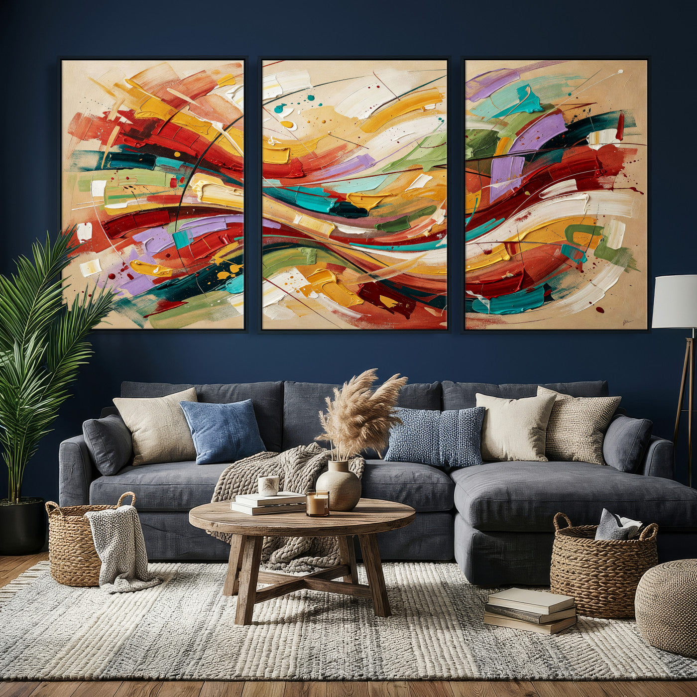 39887645-MGV-CV-36X24 - Geometric Abstract Wall Art Canvas Print, Orange Blue Abstract Expressionist Painting Print, Modern Geometric Abstract Canvas Art