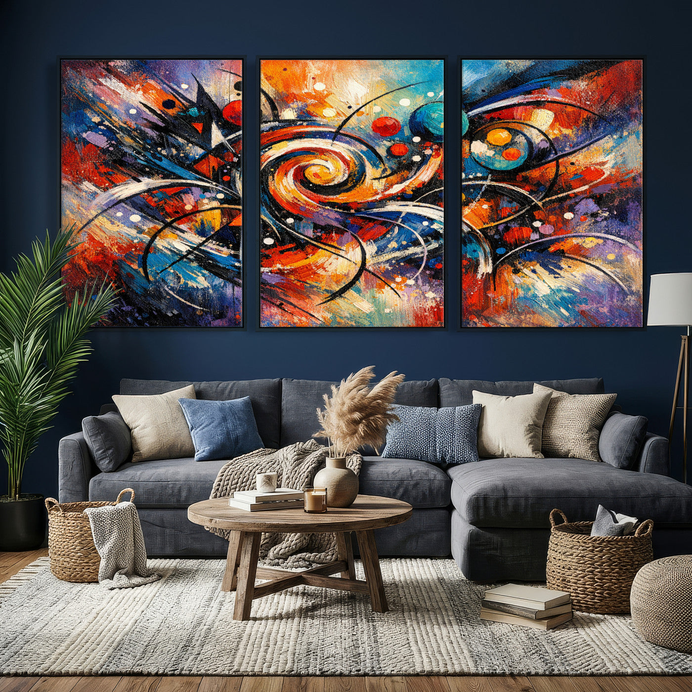 60193267-MGV-CV-36X24 - Geometric Abstract Wall Art Canvas Print, Orange Blue Abstract Expressionist Painting Print, Modern Geometric Abstract Canvas Art