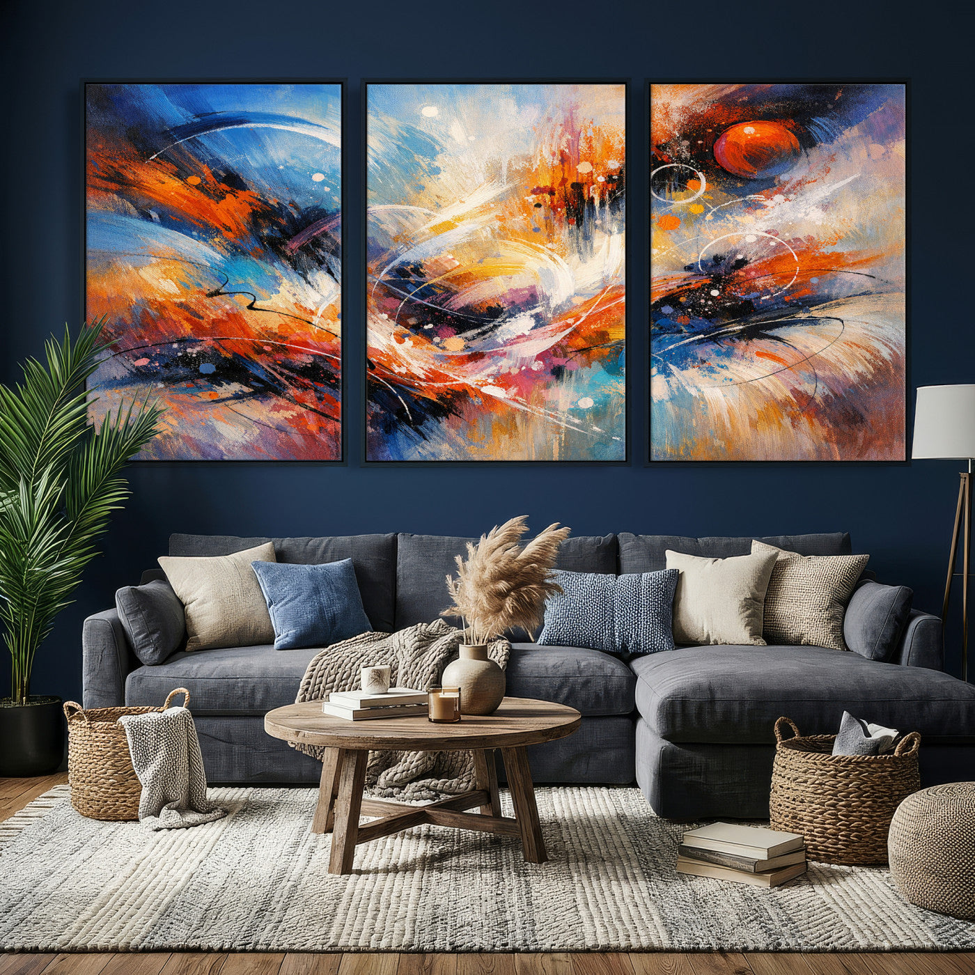 47770355-MGV-CV-36X24 - Geometric Abstract Wall Art Canvas Print, Orange Blue Abstract Expressionist Painting Print, Modern Geometric Abstract Canvas Art