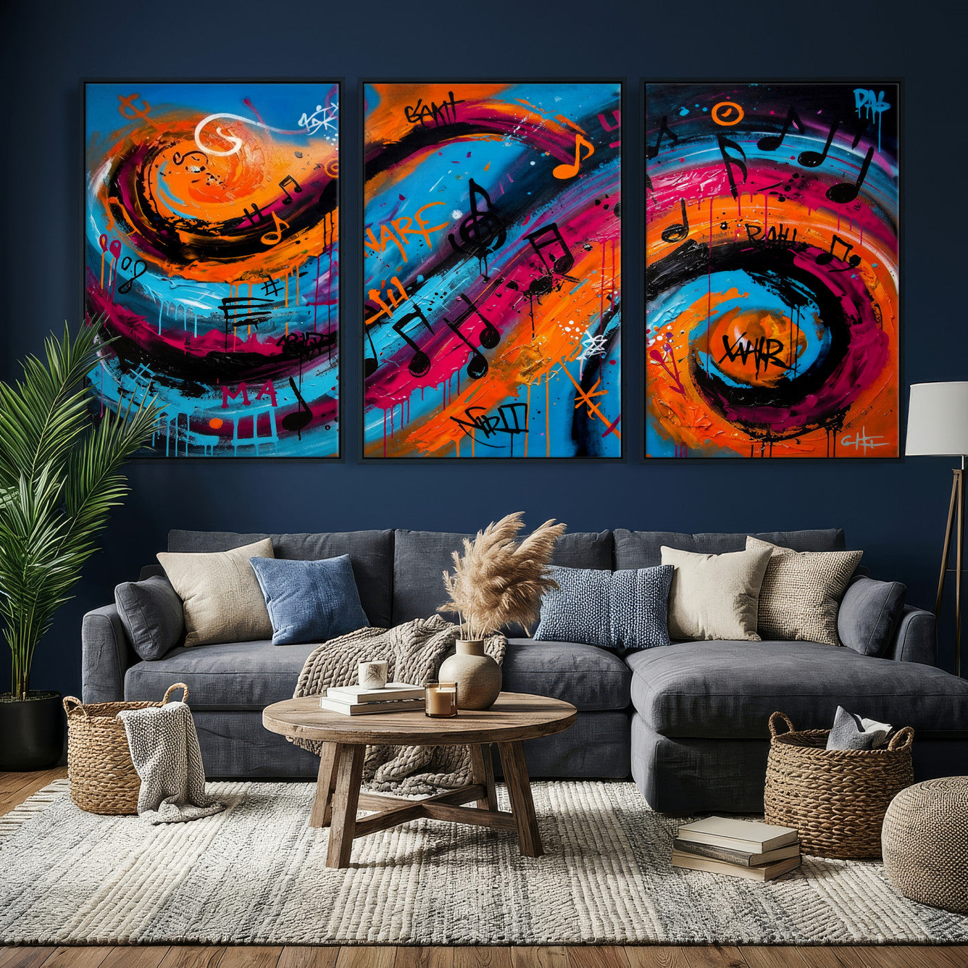 34936518-MGV-CV-36X24 - Geometric Abstract Wall Art Canvas Print, Orange Blue Abstract Expressionist Painting Print, Modern Geometric Abstract Canvas Art