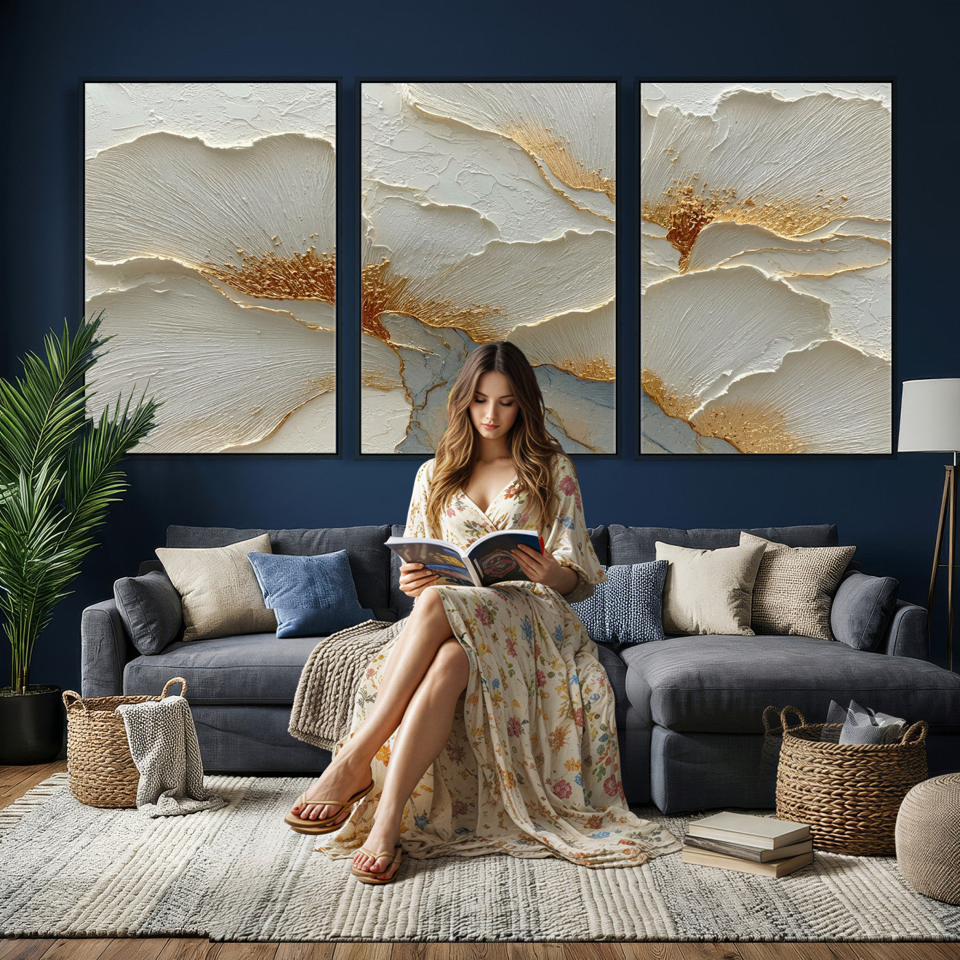 4712069F1-MGV-CV-36X24 - White Gold Floral Canvas Wall Art — Textured Flower Print | Luxury Botanical Decor | Elegant Bedroom Art | Gold Leaf Wall Art Gift