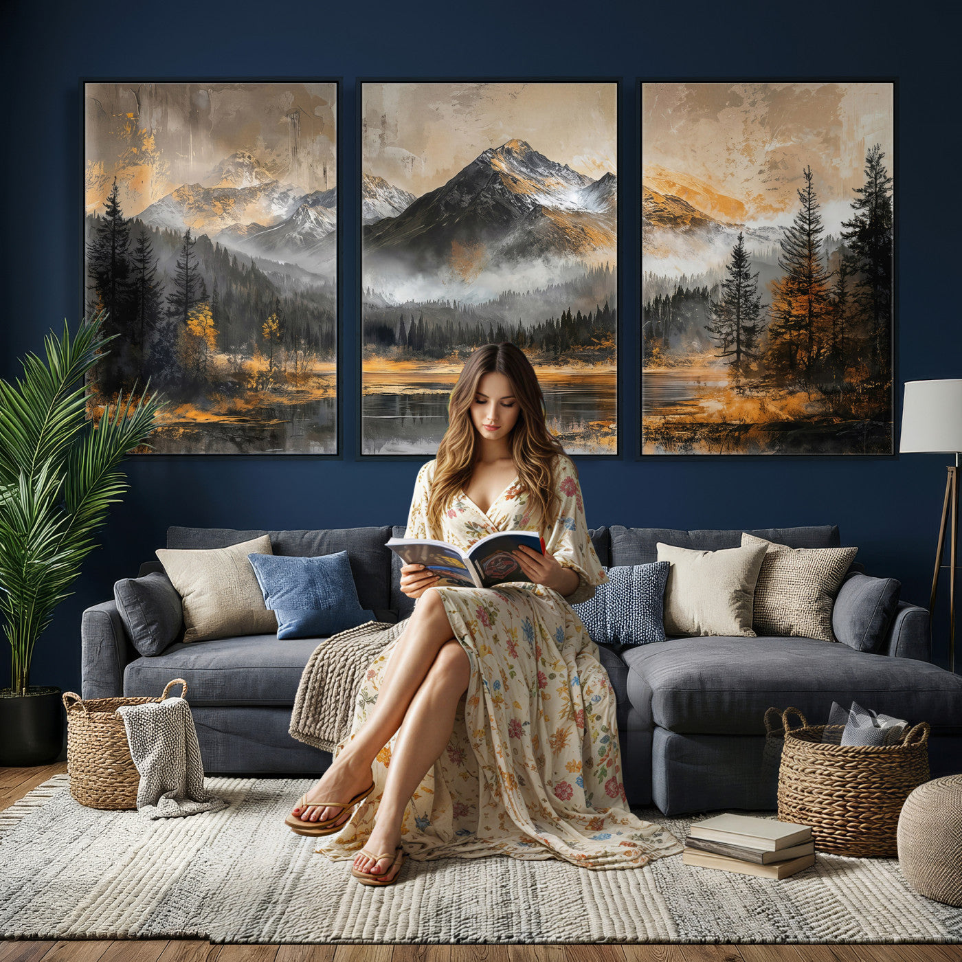 4712069D1-MGV-CV-36X24 - Mountain Lake Canvas Wall Art — Rustic Forest Landscape Print | Gold Grey Nature Decor | Cabin Wall Art | Large Wilderness Art Print Gift