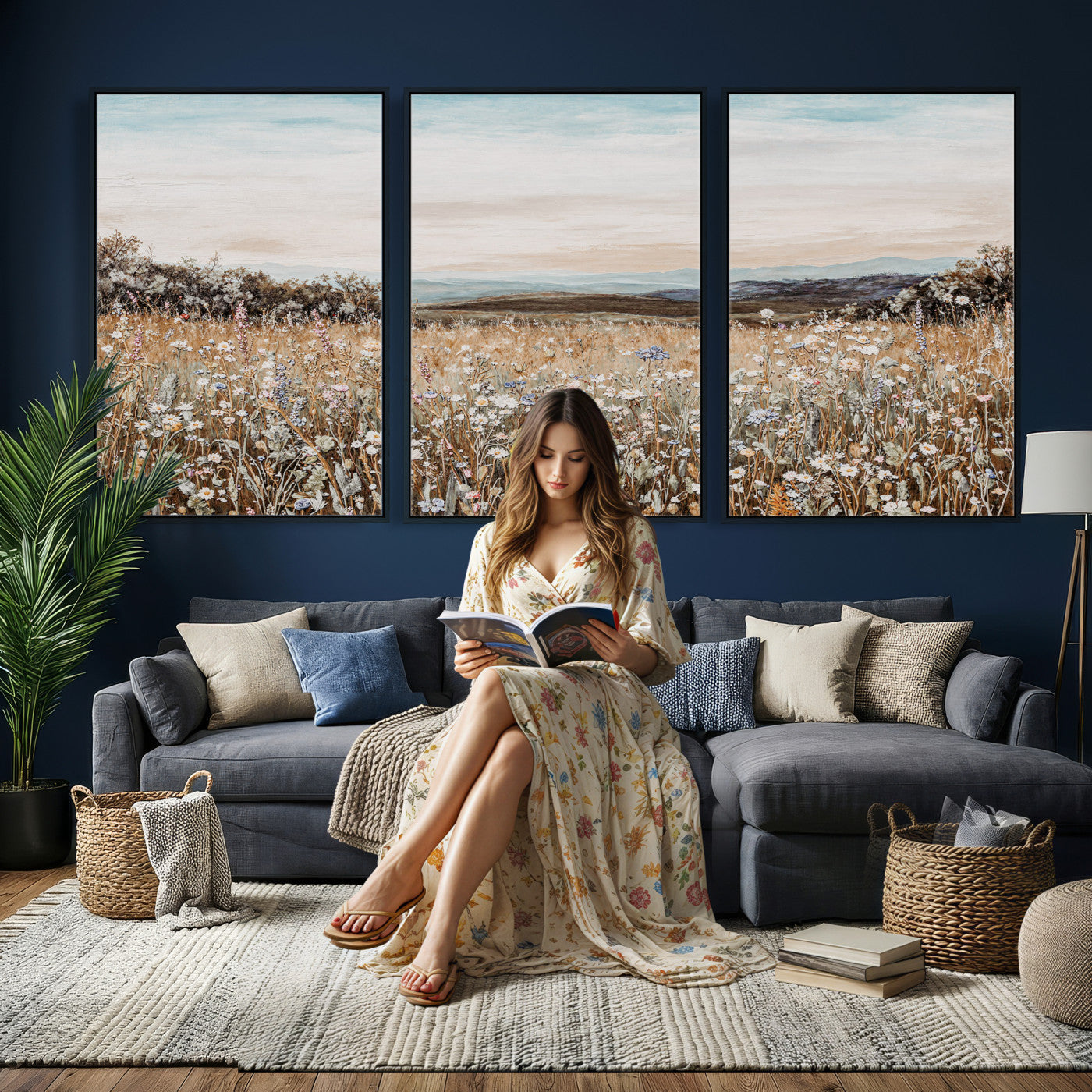 F35773805-MGV-CV-36X24 - Neutral Wildflower Field Canvas Wall Art — Beige Earth Tone Botanical Meadow Print | Farmhouse Boho Decor | Bedroom Living Room Gift Her