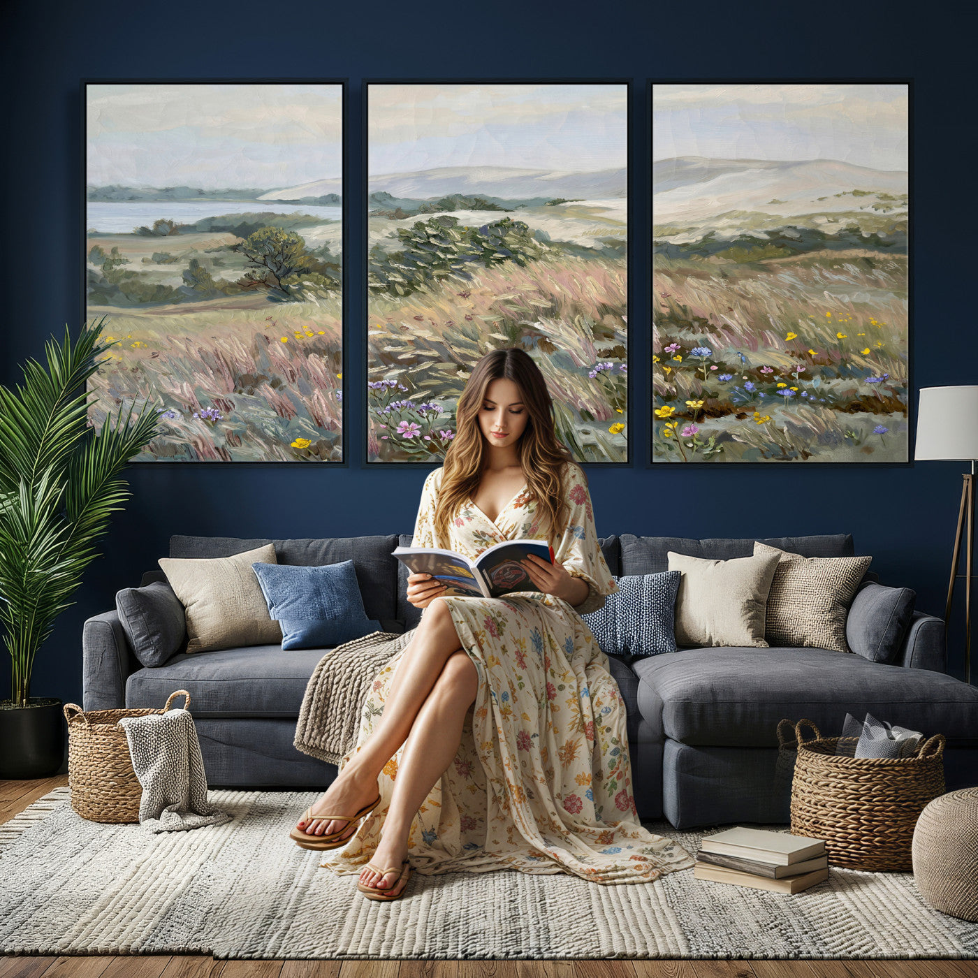 18013232-MGV-CV-36X24 - Katie Staples Hillside Canvas Wall Art — Coastal Wildflower Dune Oil Painting Print | Muted Green Nature Decor | Plein Air Landscape Gift