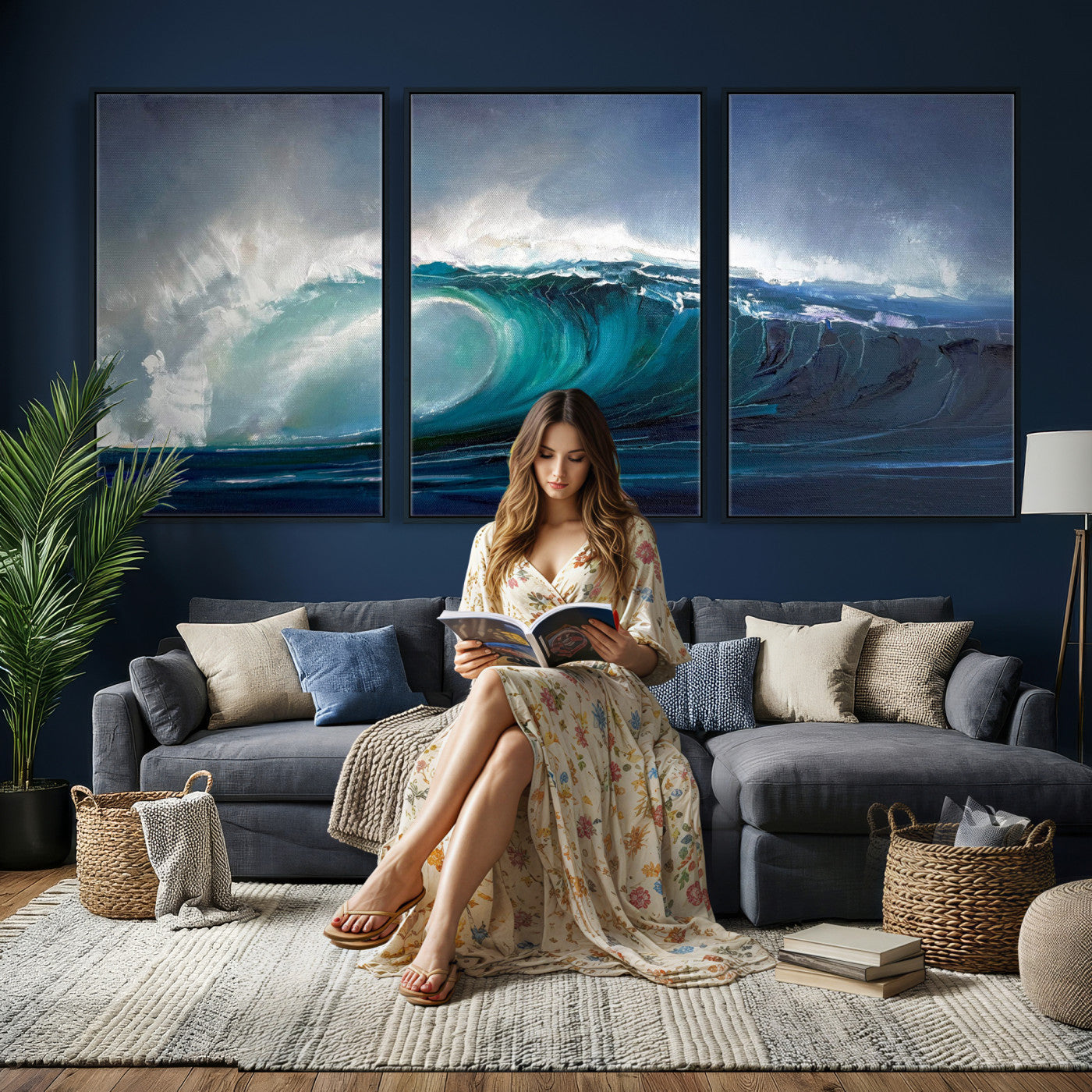 35491180-MGV-CV-60X30-3P - Ocean Wave Canvas Wall Art, Dramatic Teal Blue Seascape Oil Painting Print, Stormy Sea Coastal Decor, Large Beach House Art, Surf Wave Statement Art