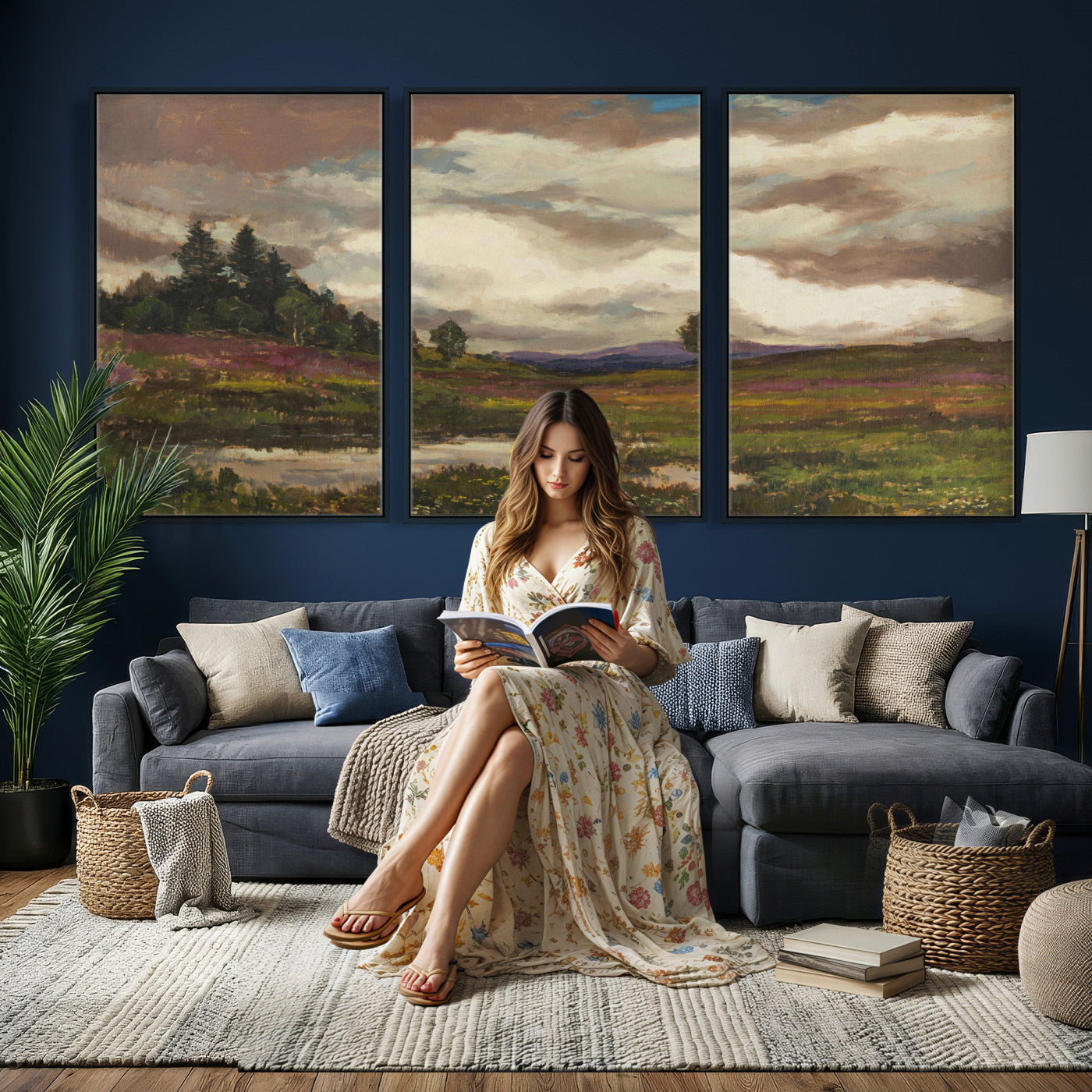 96795851-MGV-CV-36X24 - Gustav Macoun Heathland Canvas Print, Czech Landscape Oil Painting Reproduction, Purple Heather Moorland Art, Vintage European Nature Decor