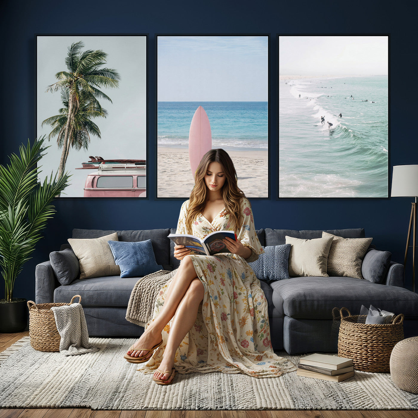 39028765-MGV-CV-60X30-3P - Surf Canvas Wall Art Set, Pink Surfboard VW Van Palm Tree Triptych, Beach House Coastal Decor, Pastel Ocean Photography Print, Boho Surf Decor