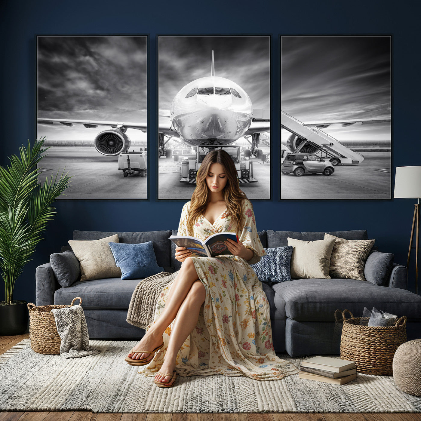 85885848-MGV-CV-36X24 - Airplane Wall Art Canvas Print, Black and White Jet Aircraft Airport Runway Framed Aviation Artwork for Pilot Office Hangar Travel Decor
