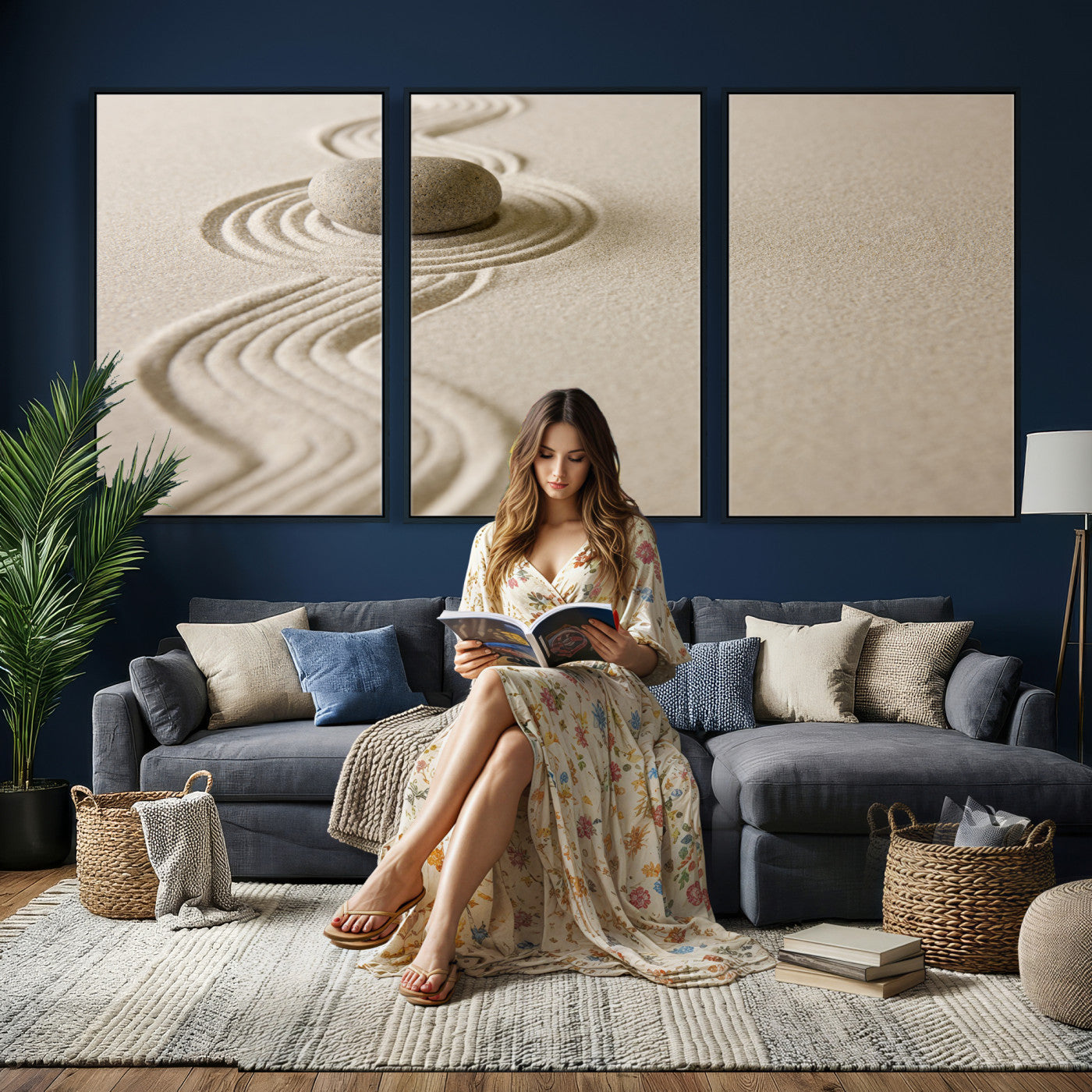66852661-MGV-CV-36X24 - Zen Garden Stone Sand Canvas | Japanese Rock Garden Wall Art | Minimalist Meditation Print | Neutral Beige Mindfulness Decor