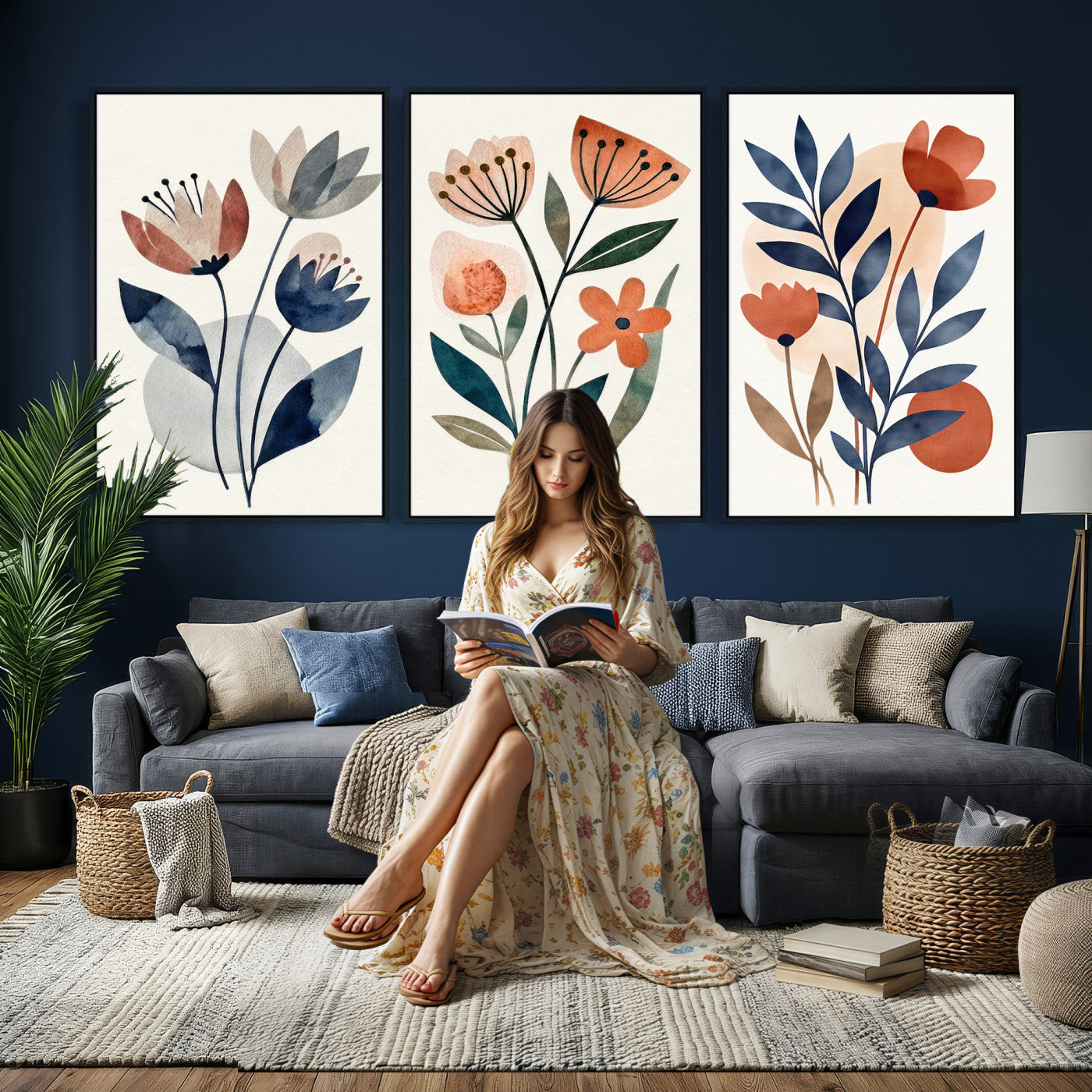 64426285-MGV-CV-60X30-3P - Watercolor Botanical Canvas Wall Art Set, Navy Terracotta Floral Triptych Print, Minimalist Flower Decor, Boho Living Room Art, Scandinavian Nature Print