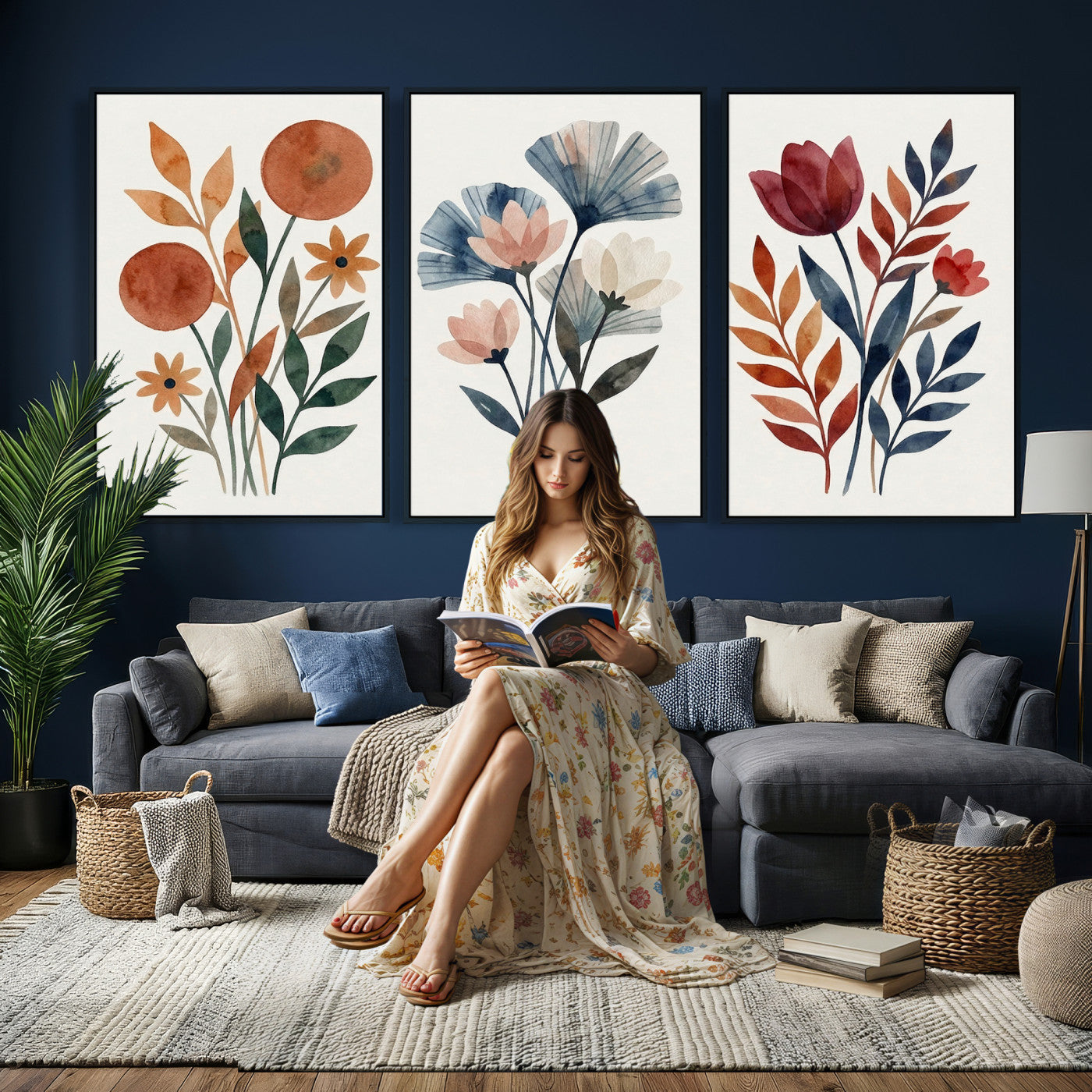 95190931-MGV-CV-60X30-3P - Watercolor Botanical Canvas Wall Art Set, Navy Terracotta Floral Triptych Print, Minimalist Flower Decor, Boho Living Room Art, Scandinavian Nature Print